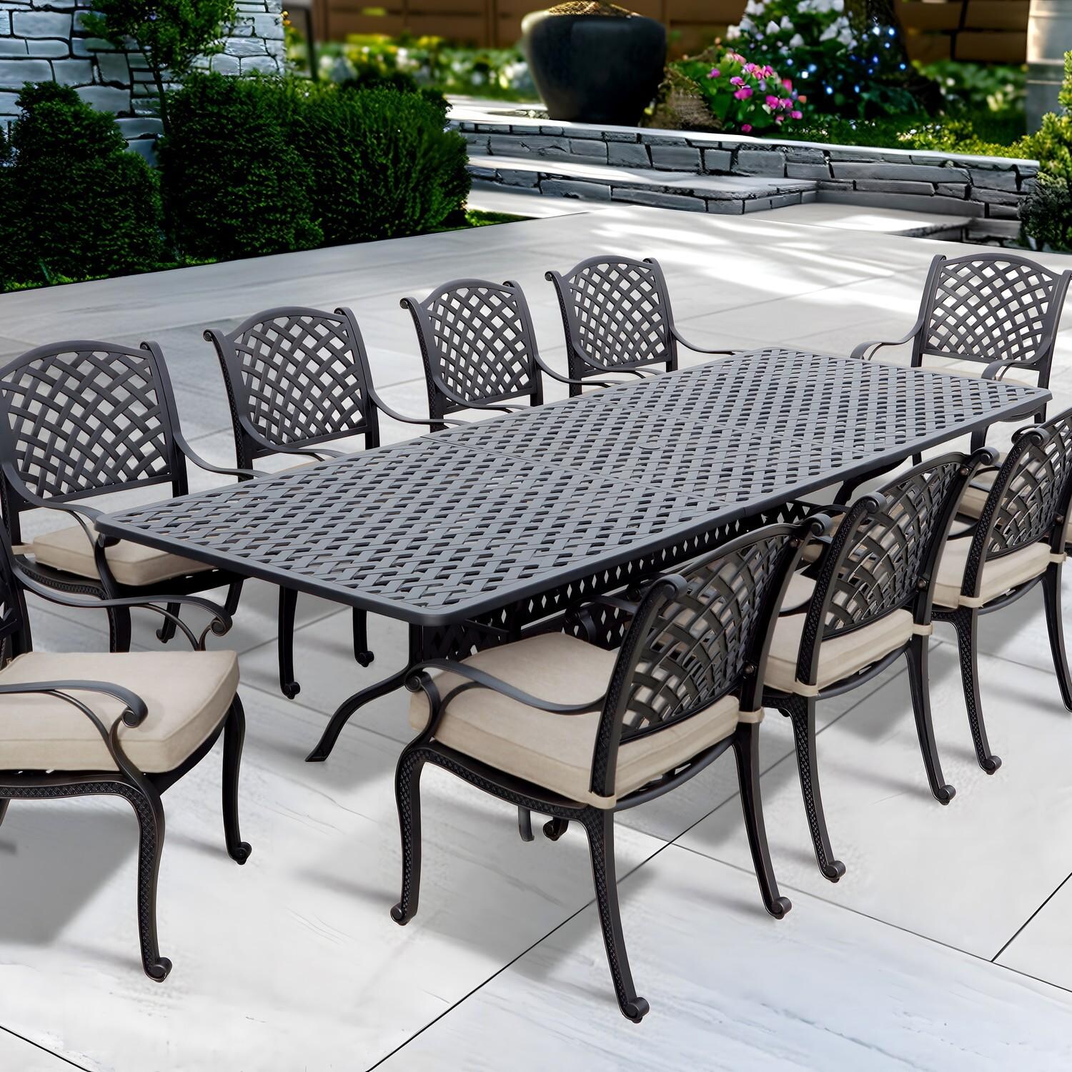 Darlee Nassau 11-Piece Patio Dining Set with Beige Canvas Cushions and 42 X 120 Inch Rectangular Extension Dining Table - Set Zoomed In - Lifestyle thumbnail