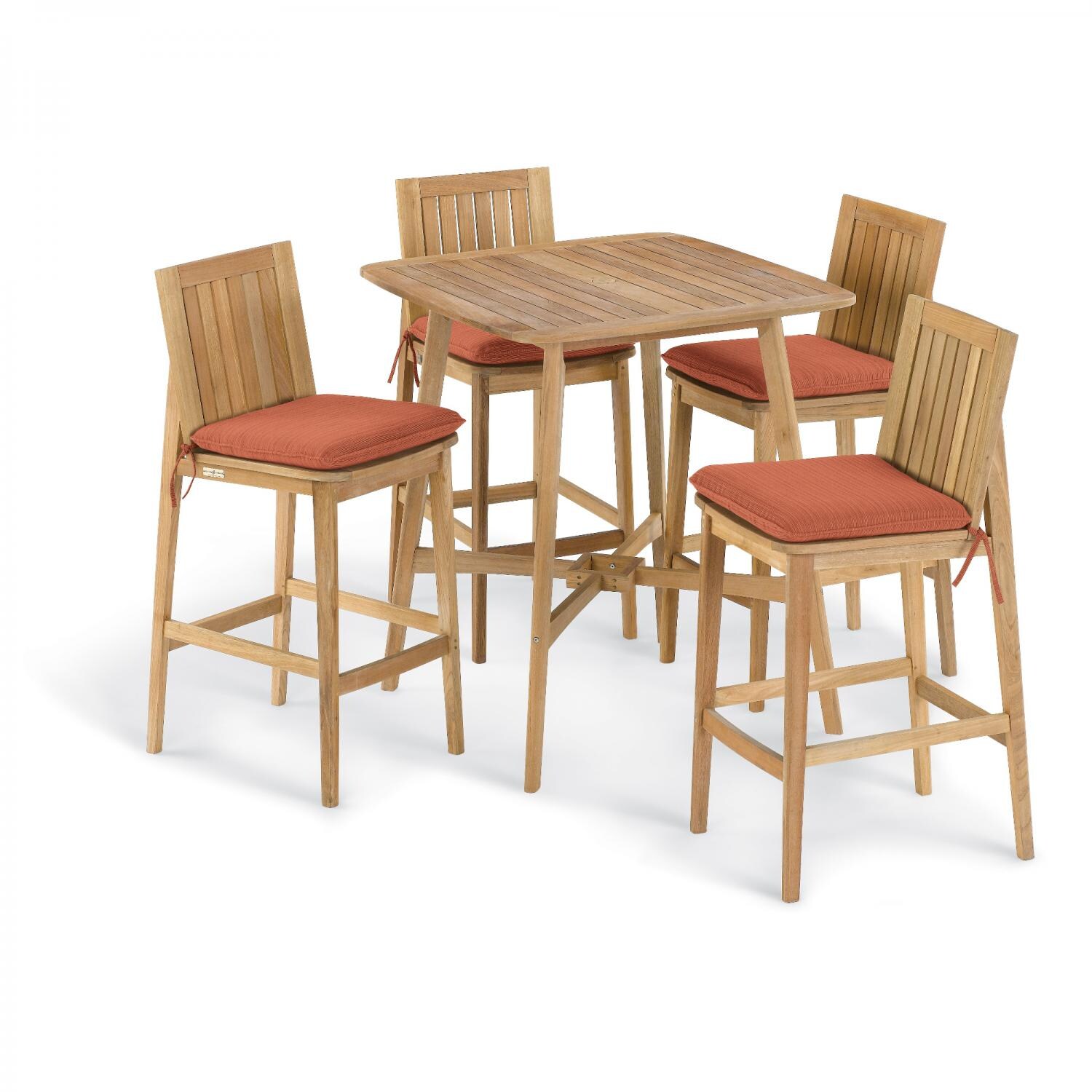 Islay 5 Piece Natural Shorea Patio Bar Set W/ 36 Inch Square Table & Sunbrella Dupione Papaya Cushions By Oxford Garden