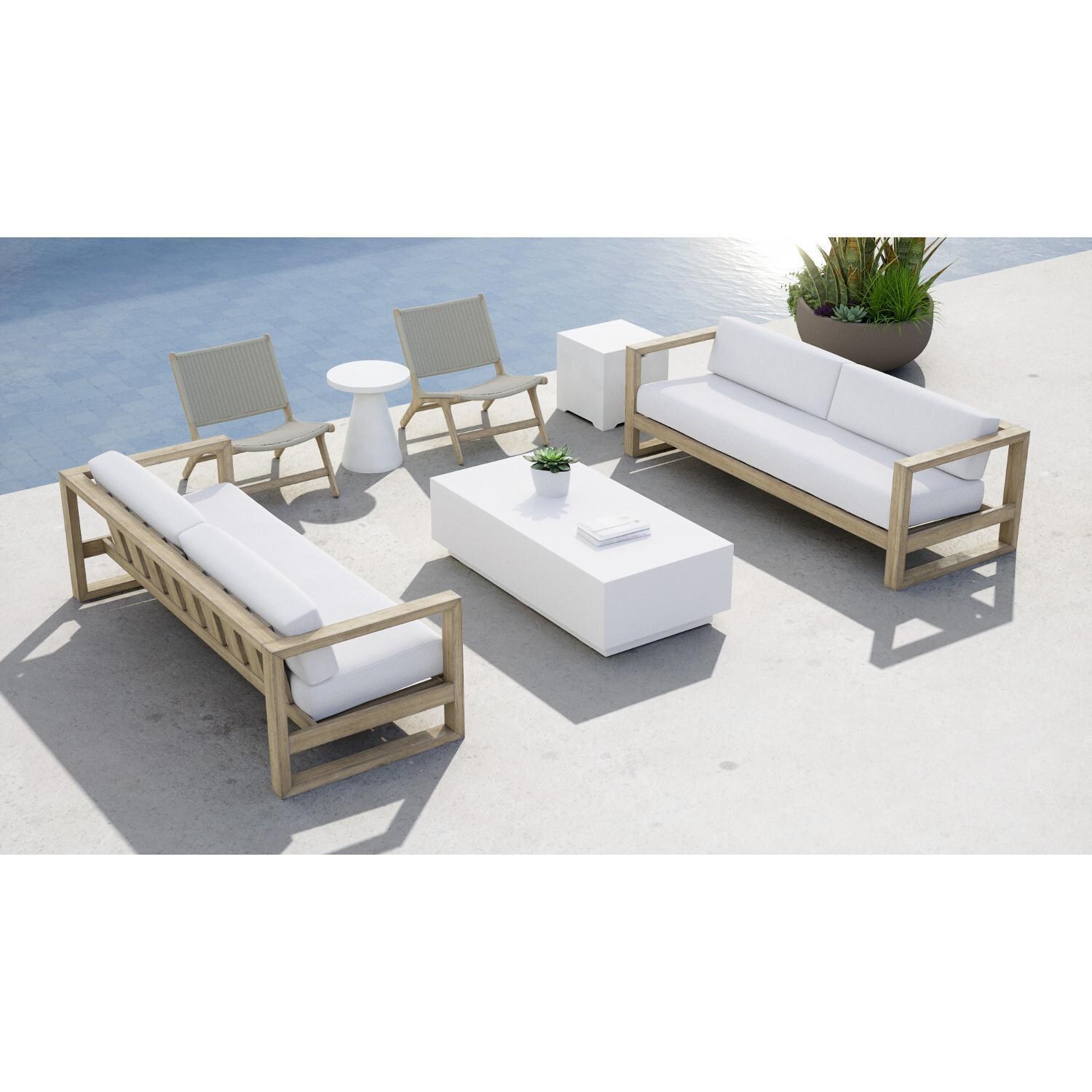 Sunset West - Coastal Teak 7 Piece Patio Conversation Set W/ End Table, Coffee Table, Tank Cover, & Sunbrella Canvas Canvas Cushions - Full View - Lifestyle thumbnail