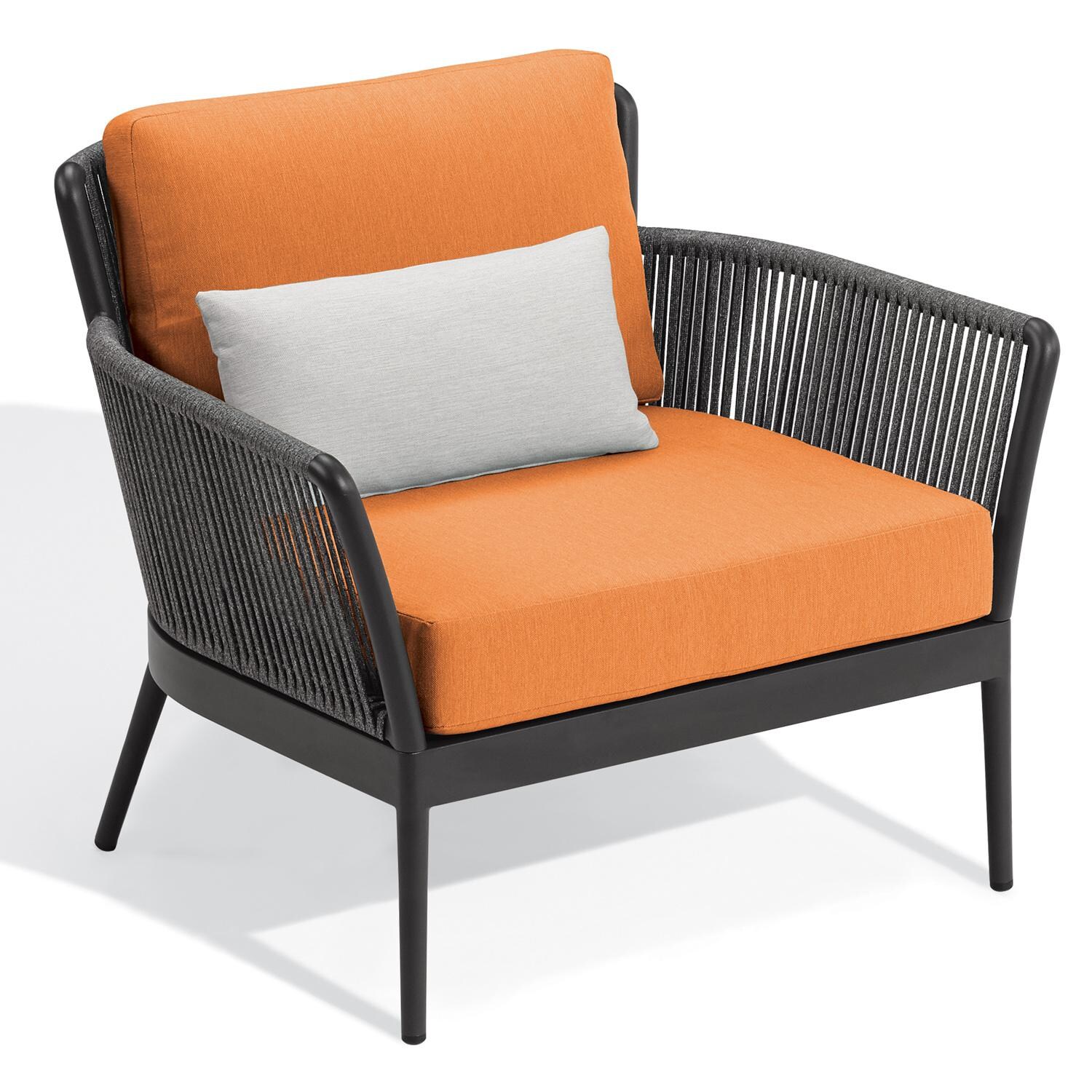 Oxford Garden Nette Olefin Rope & Aluminum Club Chair W/ Salt Lumbar Pillow in Carbon/Tangerine - Front View thumbnail
