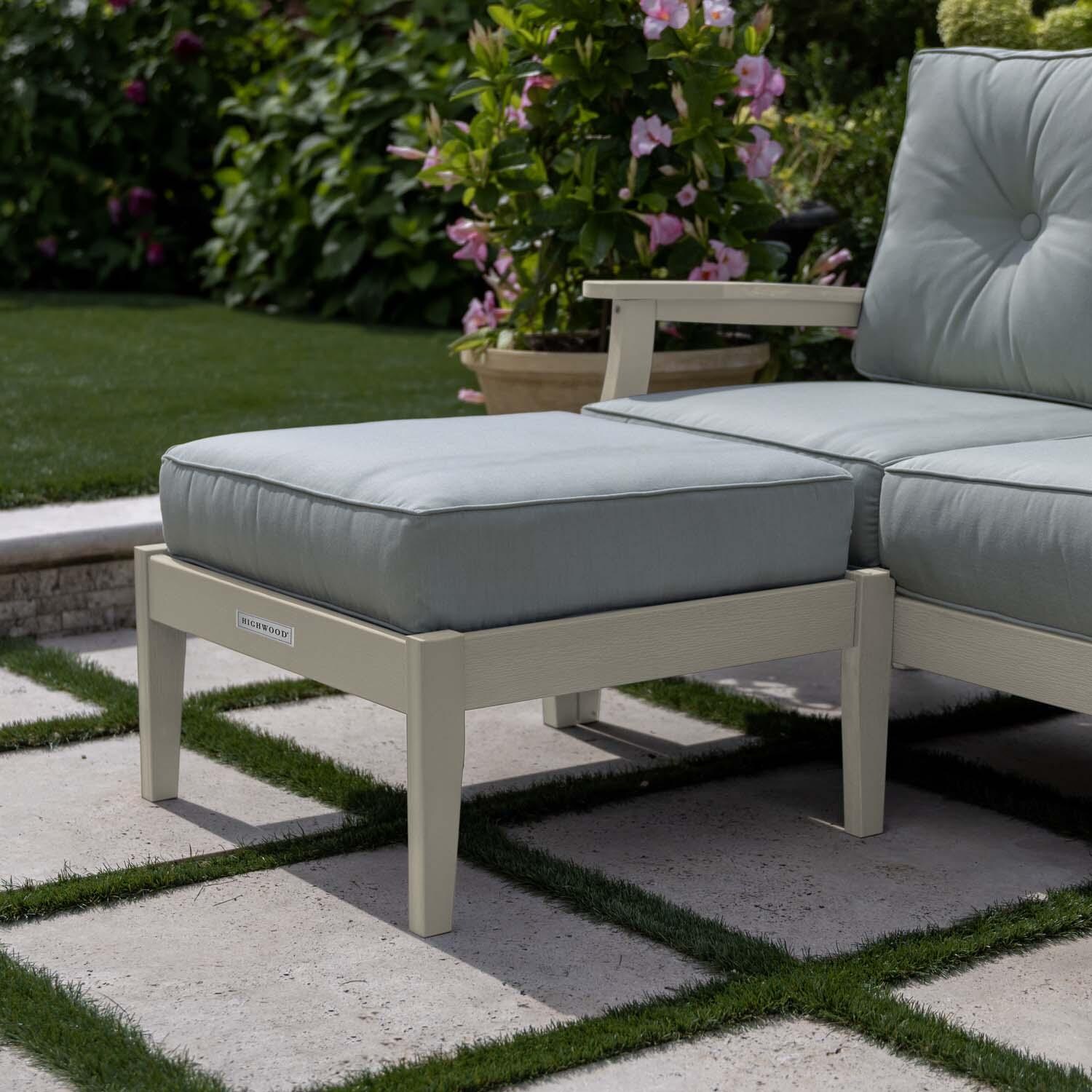 Blushing Bay Recycled Plastic Ottoman in Canvas Seasalt/Whitewash by Lakeview Outdoor Designs - Shown w/ Chair (Not Included) - Lifestyle thumbnail
