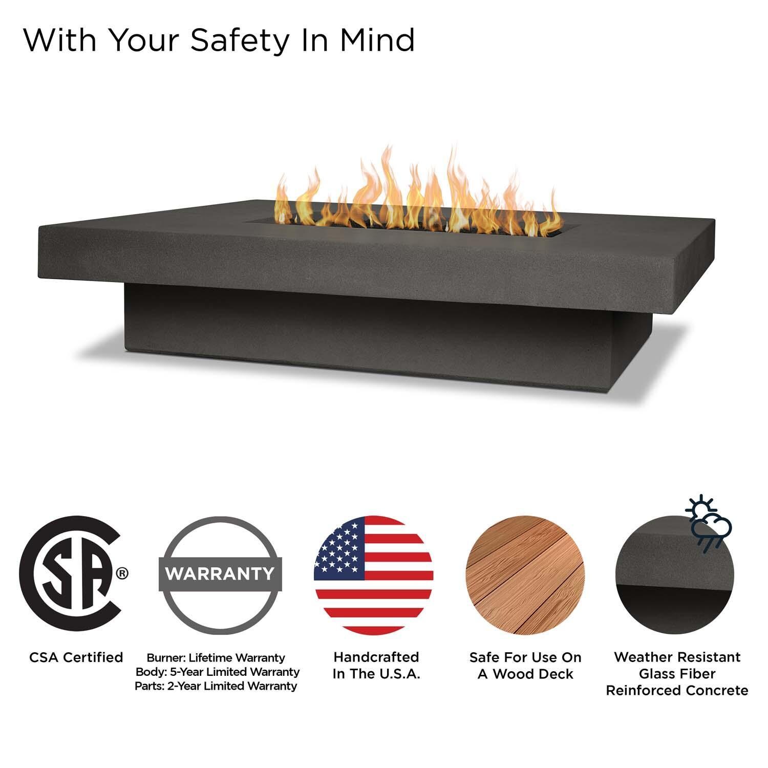 Hickory Bay 60 Inch Rectangular Glass Fiber Reinforced Concrete Propane Fire Pit Table in Carbon by BBQGuys Signature - Safety thumbnail