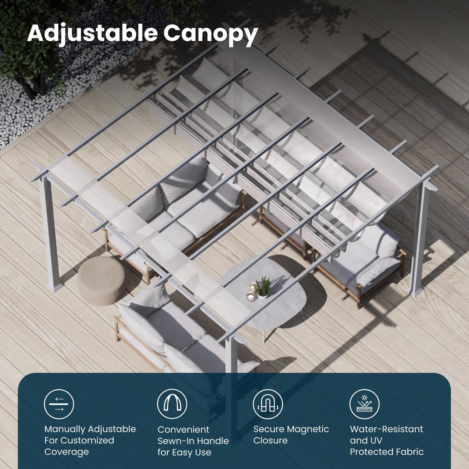 Paragon Outdoor PR11WTW Florence 11' x 11' White Pergola w/ White Canopy - Adjustable Canopy - Detail thumbnail