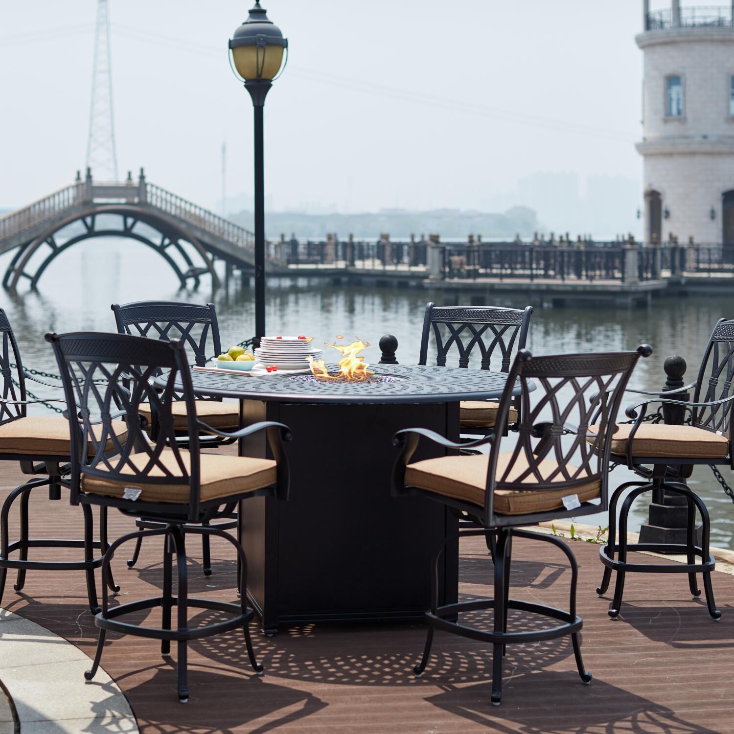 Capri 7 Piece Cast Aluminum Patio Counter Height Fire Pit Bar Set W/ 60 Inch Round Table By Darlee