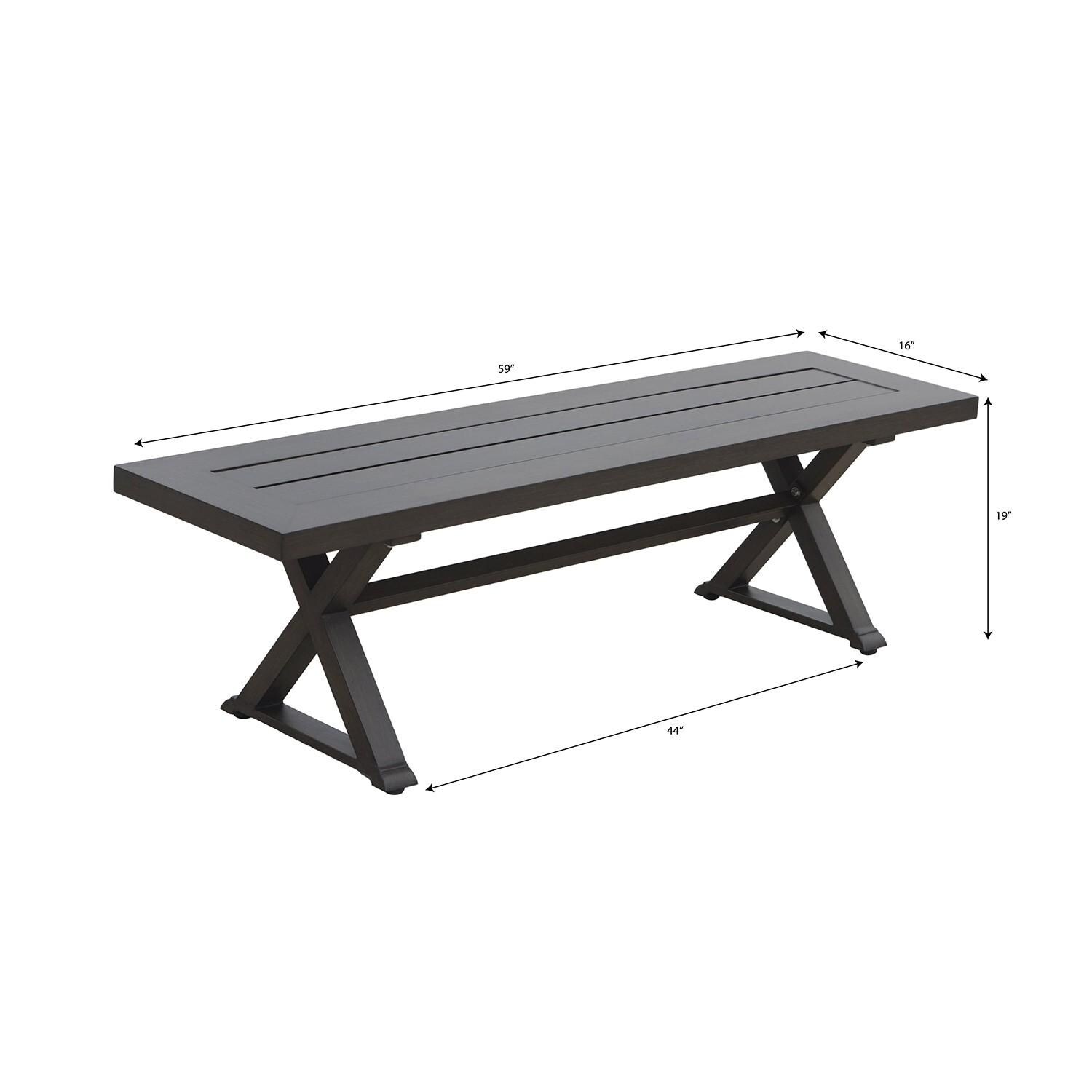 Brooklyn 6 Pc Aluminum Dining Set w/ 60 Inch Propane Fire Pit Table in Sesame/Multi-brown by Darlee - Bench - Dimensional thumbnail