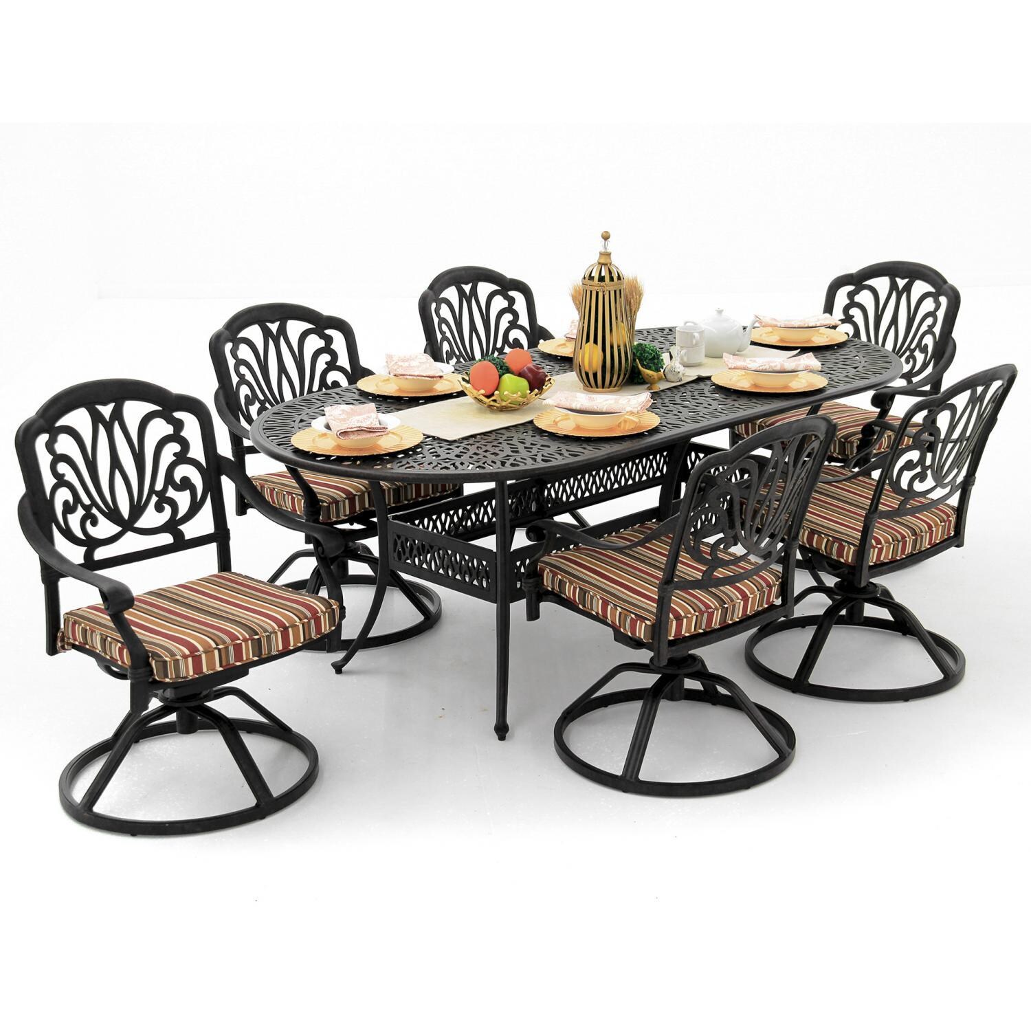 Rosedown 7 Piece Cast Aluminum Patio Dining Set With Swivel Rockers And 86 X 42-Inch Oval Table - Angled View thumbnail