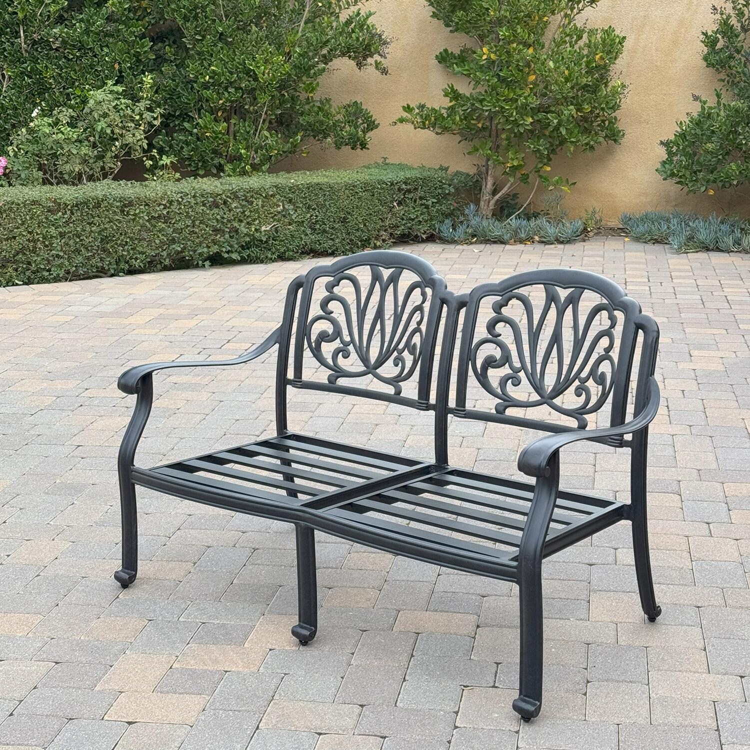 Darlee Elisabeth 6 Pc Cast Aluminum Fire Pit Loveseat Seating Set w/ 47 Inch Table & Throw Pillows in Antique Bronze/Beige - Loveseat w/ no Cushion - Lifestyle thumbnail