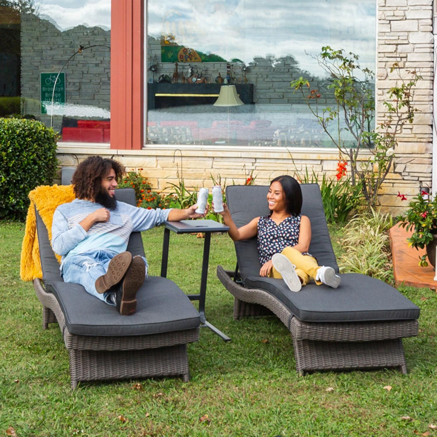 Palma Wicker Multi-Position Chaise Lounge in Canvas Coal By KETTLER - Cheers on Double Chaise Lounge (Only One Included) - Lifestyle thumbnail