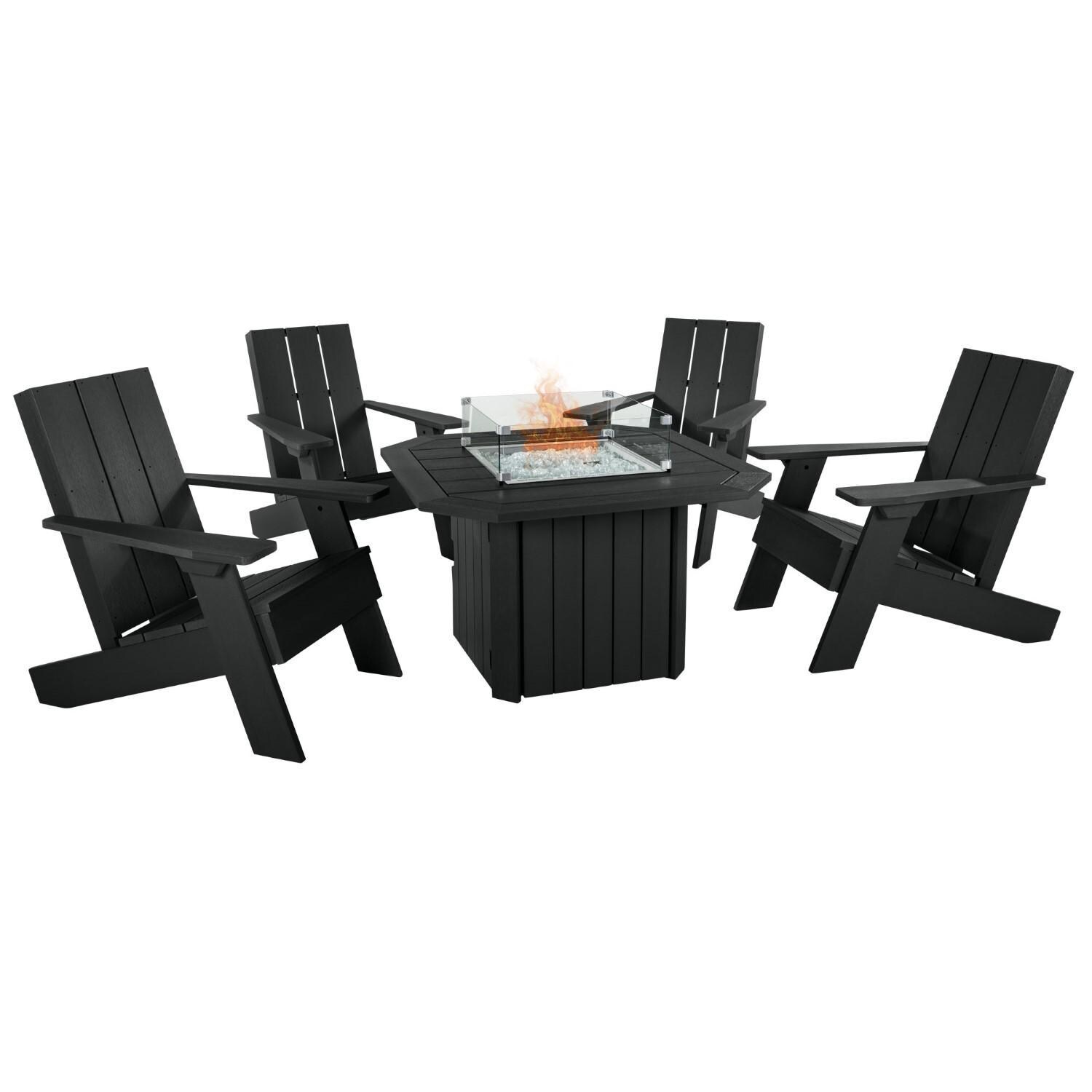 Harborview 5 Pc Adirondack Set W/ Fire Pit Table in Black by Lakeview Outdoor Designs - White Background thumbnail