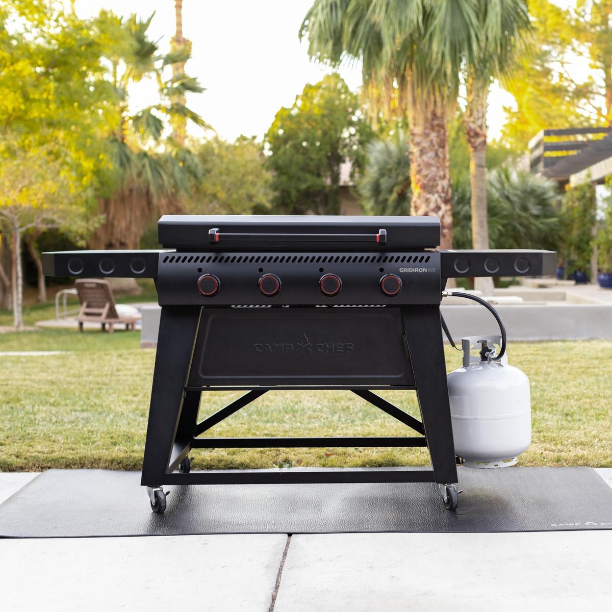 Camp Chef FTG36 36 Inch Gridiron Griddle - Front Shelves Up Lid Down - Lifestyle thumbnail