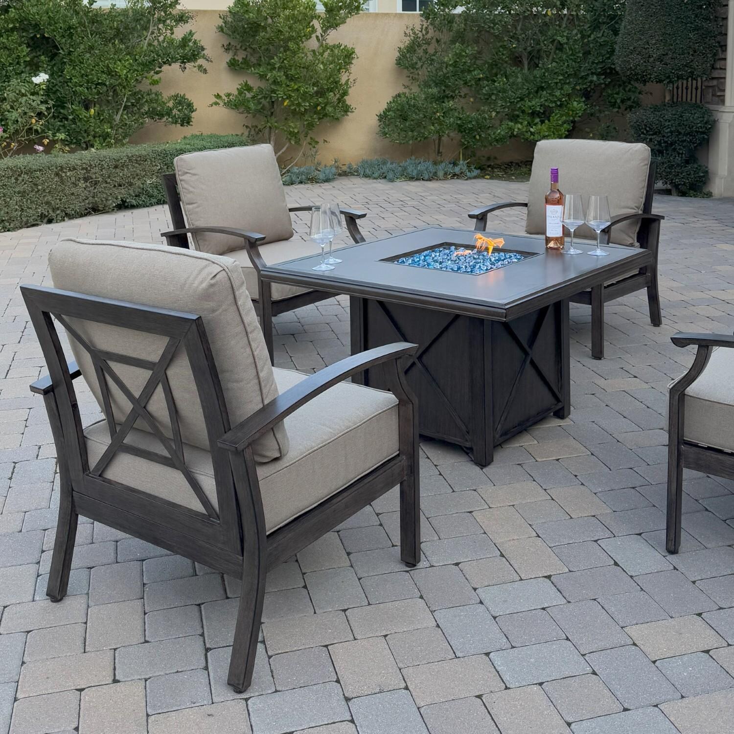 Atlantis 5 Pc Aluminum Fire Pit Seating Set w/ 4 Club Chairs in Walnut/Beige by Darlee - Chair Rear - Lifestyle thumbnail