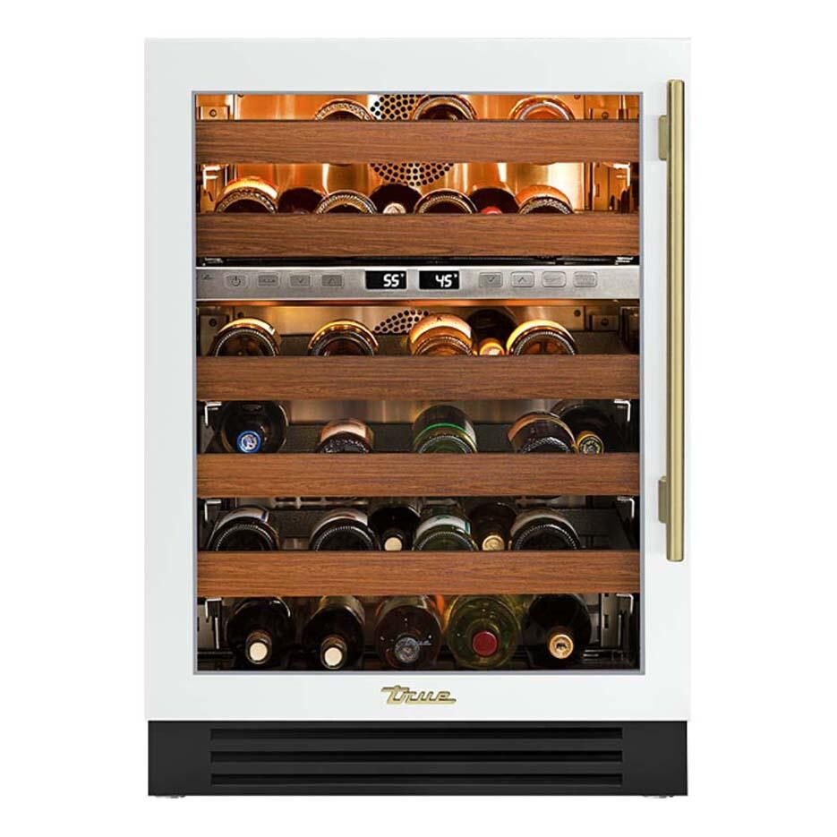 True 24 Inch 45 Bottle Left Hinge Glass Door Outdoor Dual Zone Wine Cabinet - Matte White w/ Brass Handle - TWC-24DZ-L-OG-C~DSK-030-H01