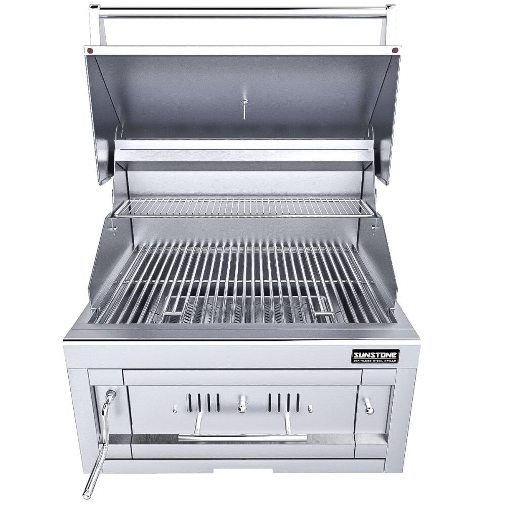 Sunstone SUNCHSZ28 Series 28 Inch Single Zone 304 Stainless Steel Charcoal Grill - Hood Open thumbnail