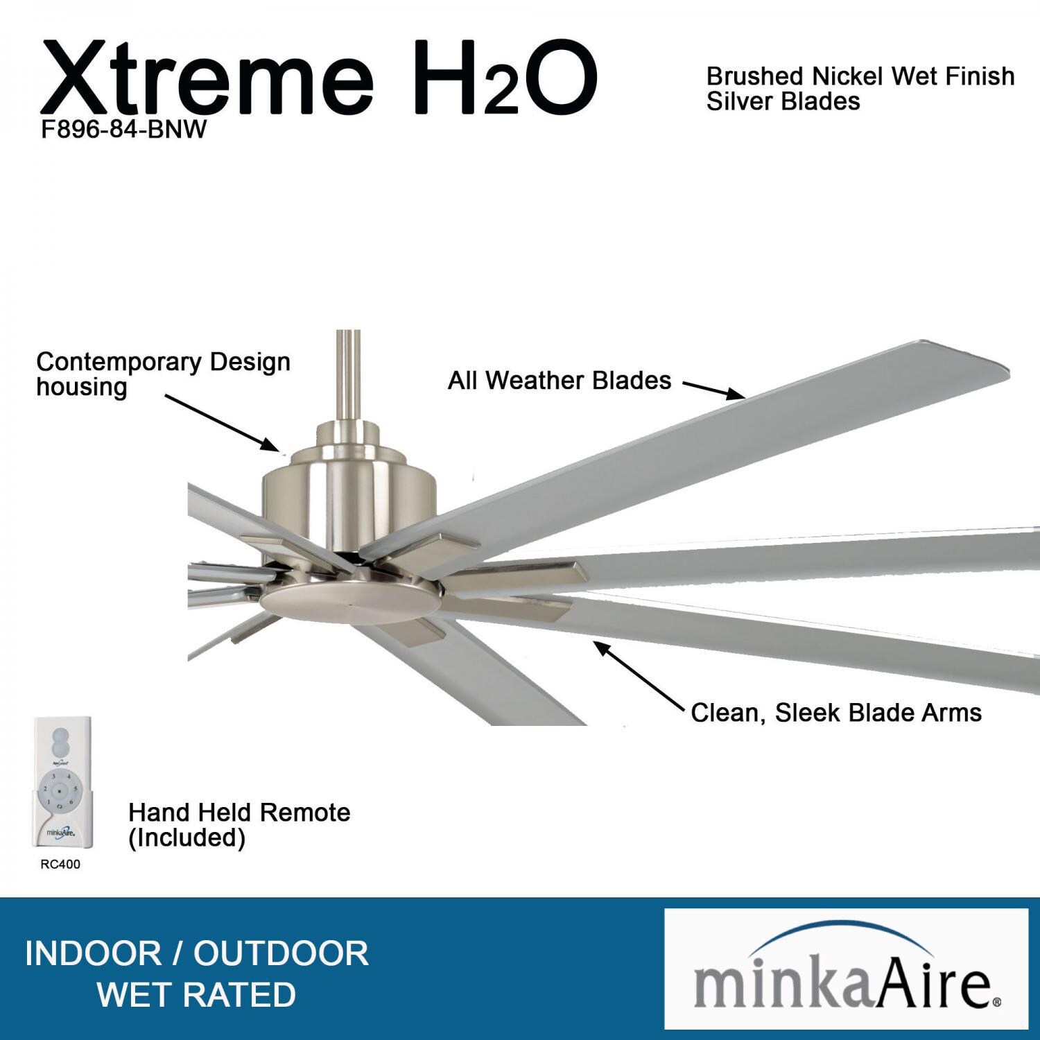Minka-Aire F896-84-BNW Xtreme H2O 84-Inch 8-Blade Ceiling Fan in Brushed Nickel Finish w/ Silver Blades - Details thumbnail
