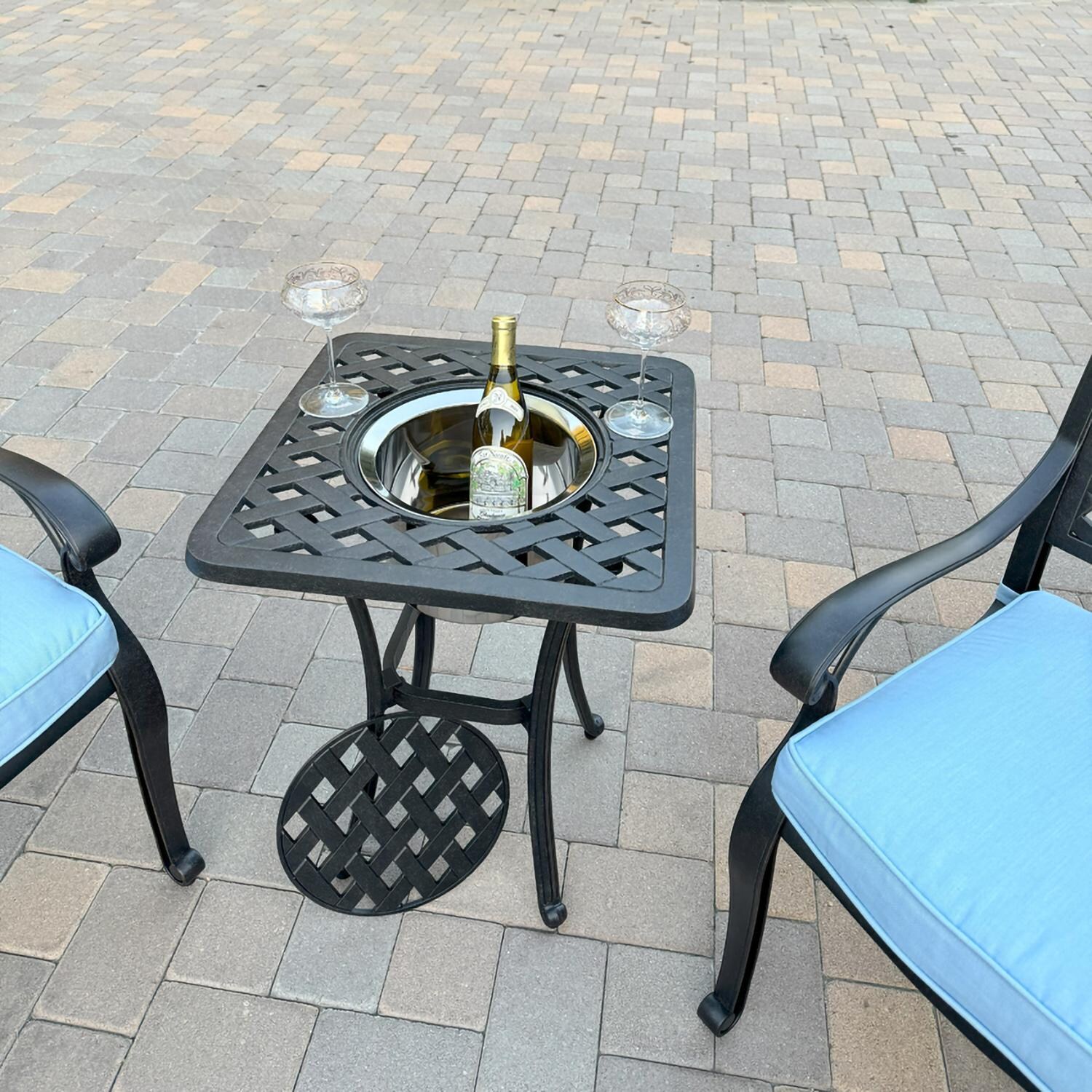 Darlee B/DL13-3PC-30SQ-B Nassau 3 Pc Cast Aluminum Conversation Set w/ Ice Bucket in Antique Bronze w/ Blue Cushions - Ice Bucket - Lifestyle thumbnail