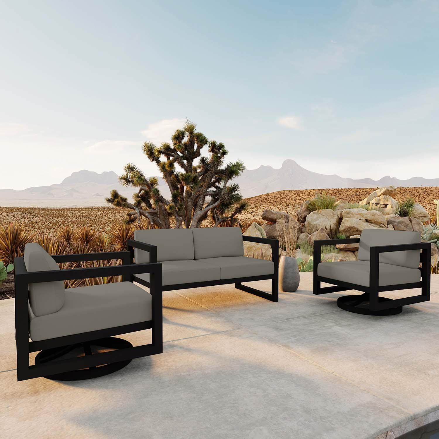 Misty Cove 3 Pc Aluminum Loveseat Seating Set w/ Swivel Chairs in Black/Canvas Charcoal by Lakeview Outdoor Designs - Angled - Lifestyle thumbnail