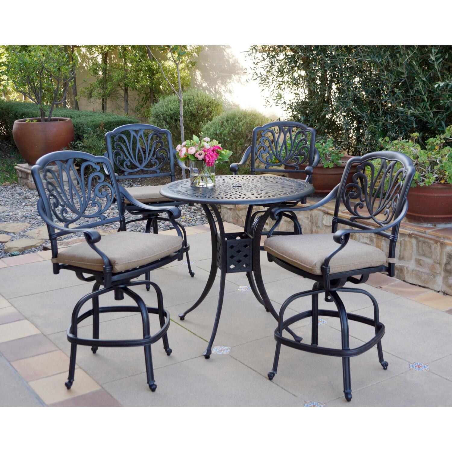 Darlee DL707-5PC-AC17FCH Elisabeth 5 Piece Cast Aluminum Patio Counter Height Swivel Bar Stool Set W/ 36 Inch Round Table - Lifestyle thumbnail