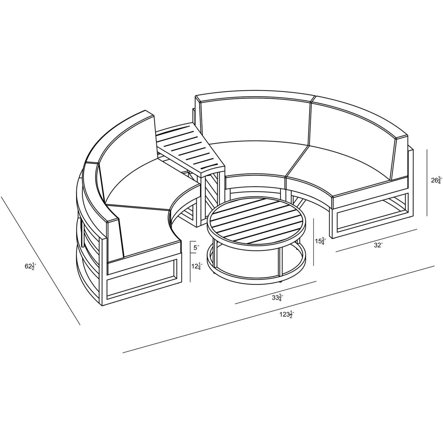 Lakeview MSTYCV-BK-4CSEC-CN Misty Cove 4 Pc Aluminum Curve Sectional Set in Black w/Coffee Table & Canvas Natural Cushions by Lakeview Outdoor Designs - Line Drawing - Dimensional thumbnail