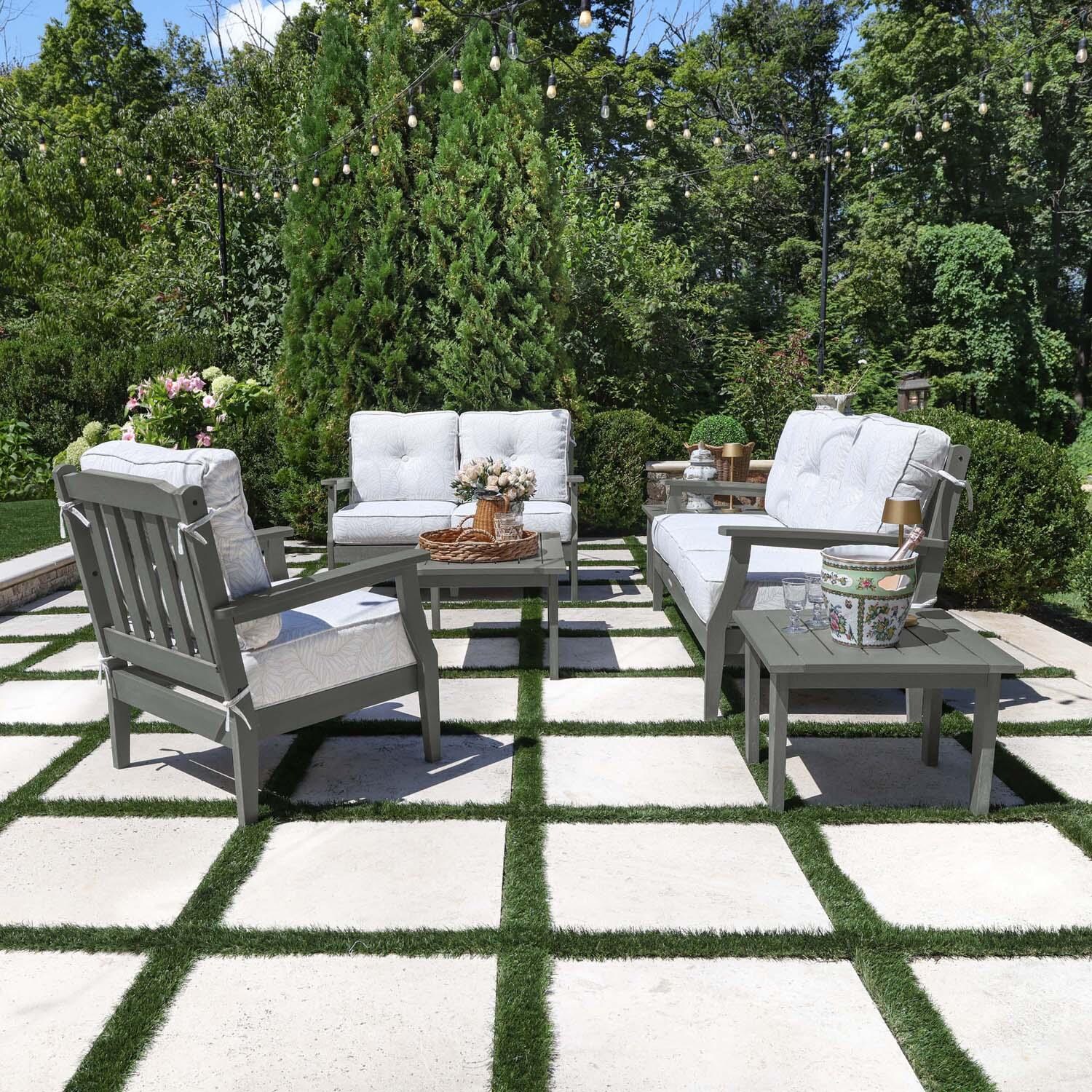 Blushing Bay 6 Pc Recycled Plastic Grand Seating Set in Lively Parchment/Coastal Teak by Lakeview Outdoor Designs - Side View - Lifestyle thumbnail