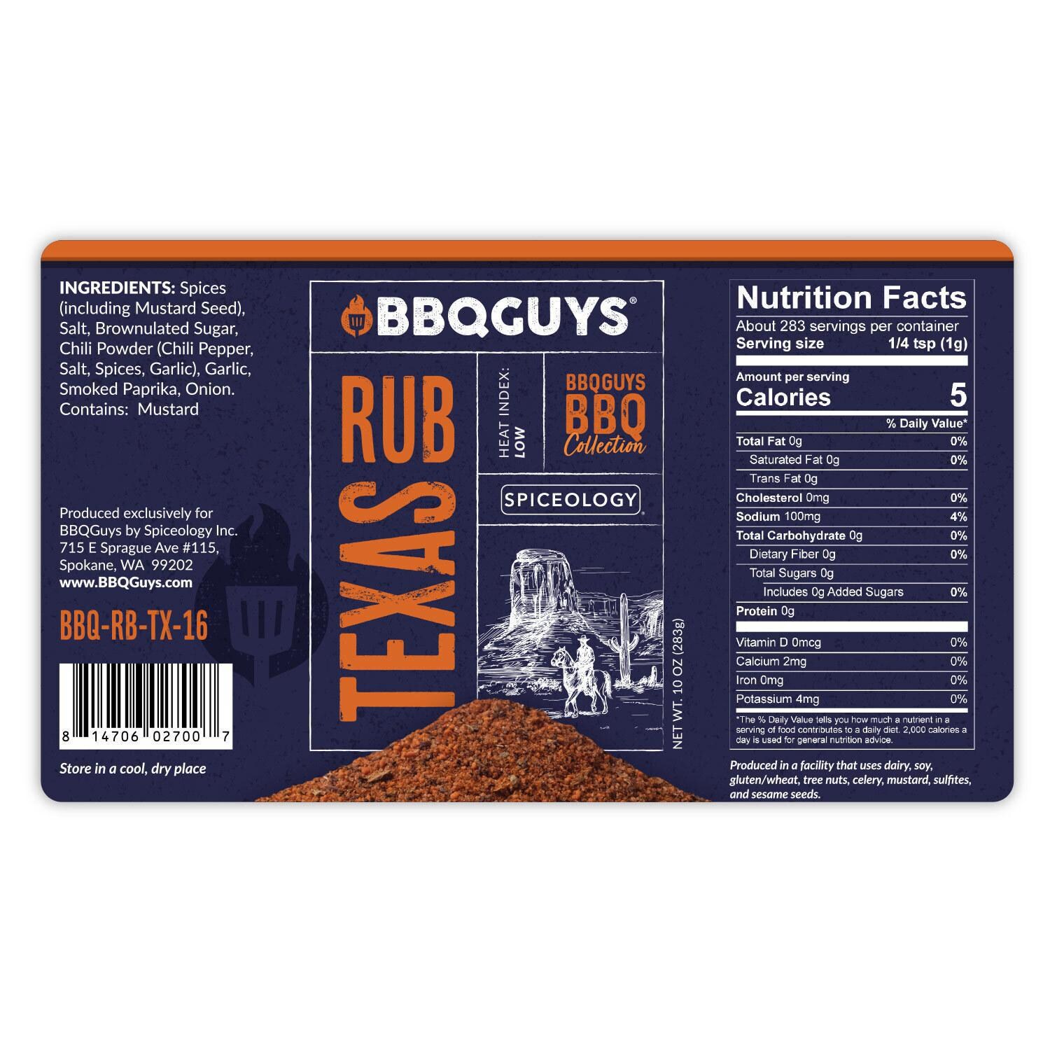 BBQGuys Signature x Spiceology West Coast, Texas, Yucatan Rojo, & Habanero Honeybee Rub Variety Pack - Texas Rub Nutrition Label thumbnail