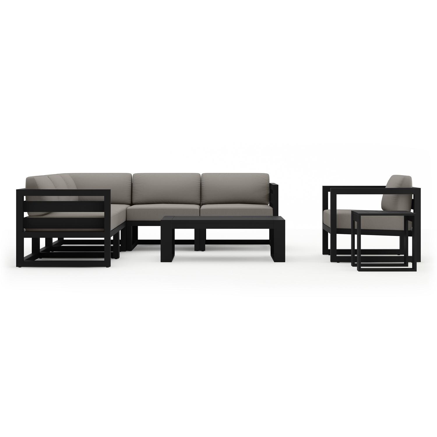 Lakeview MSTYCV-BK-8SEC-CC Misty Cove 8 Pc Aluminum Sectional Set in Black w/Coffee Table & Canvas Charcoal Cushions by Lakeview Outdoor Designs - Set - White Background thumbnail