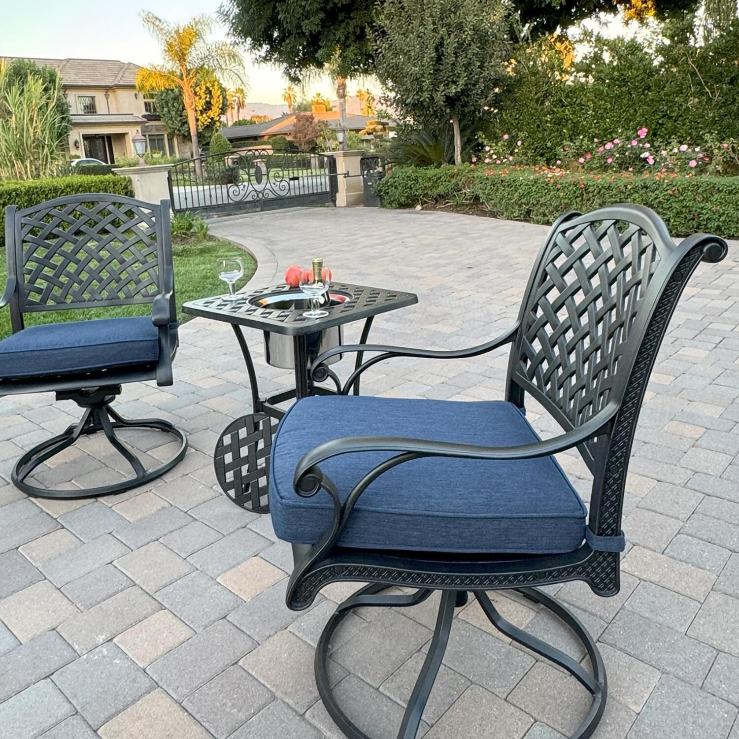 Darlee B/DL13-3PCR-30SQ-N Nassau 3 Pc Cast Aluminum Conversation Set w/ Rocker and Ice Bucket in Antique Bronze w/ Navy Cushions - Chair Angle - Lifestyle thumbnail