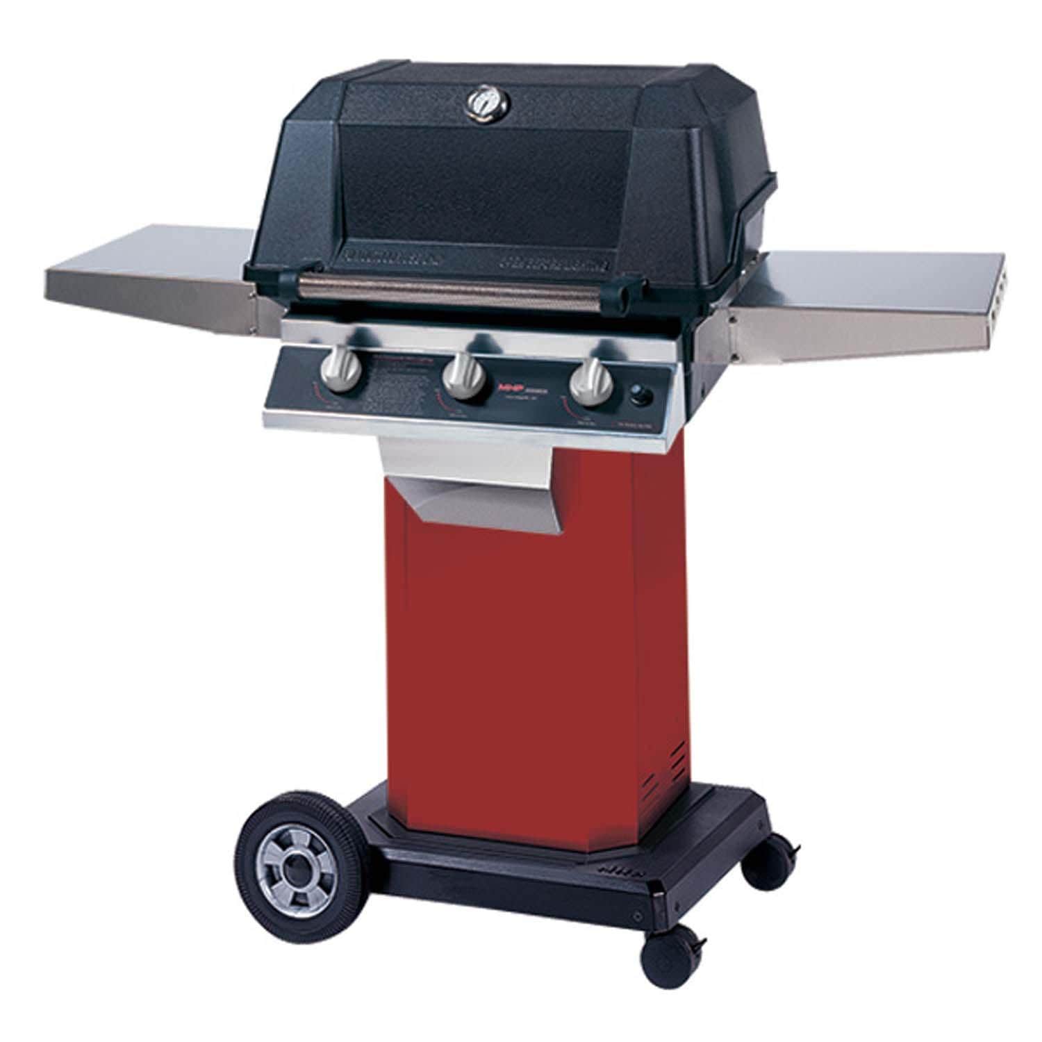 MHP WHRG Hybrid Propane Grill w/ SearMagic Grids on Ember Red Grill Column & Portable Base w/ Locking Casters