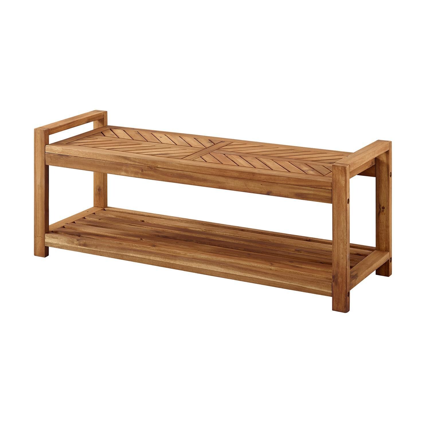 Ultimate Patio Wishlake 48 Inch Acacia Patio Bench W/ Storage Shelf - Brown - Angled View thumbnail