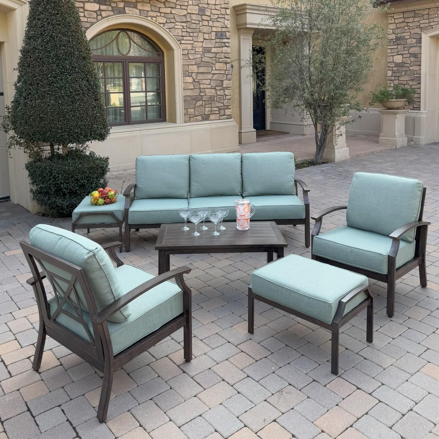 Atlantis 6 Pc Aluminum Seating Set  w/ Sofa, 2 Club Chairs & 2 Ottomans in Walnut/Spa by Darlee