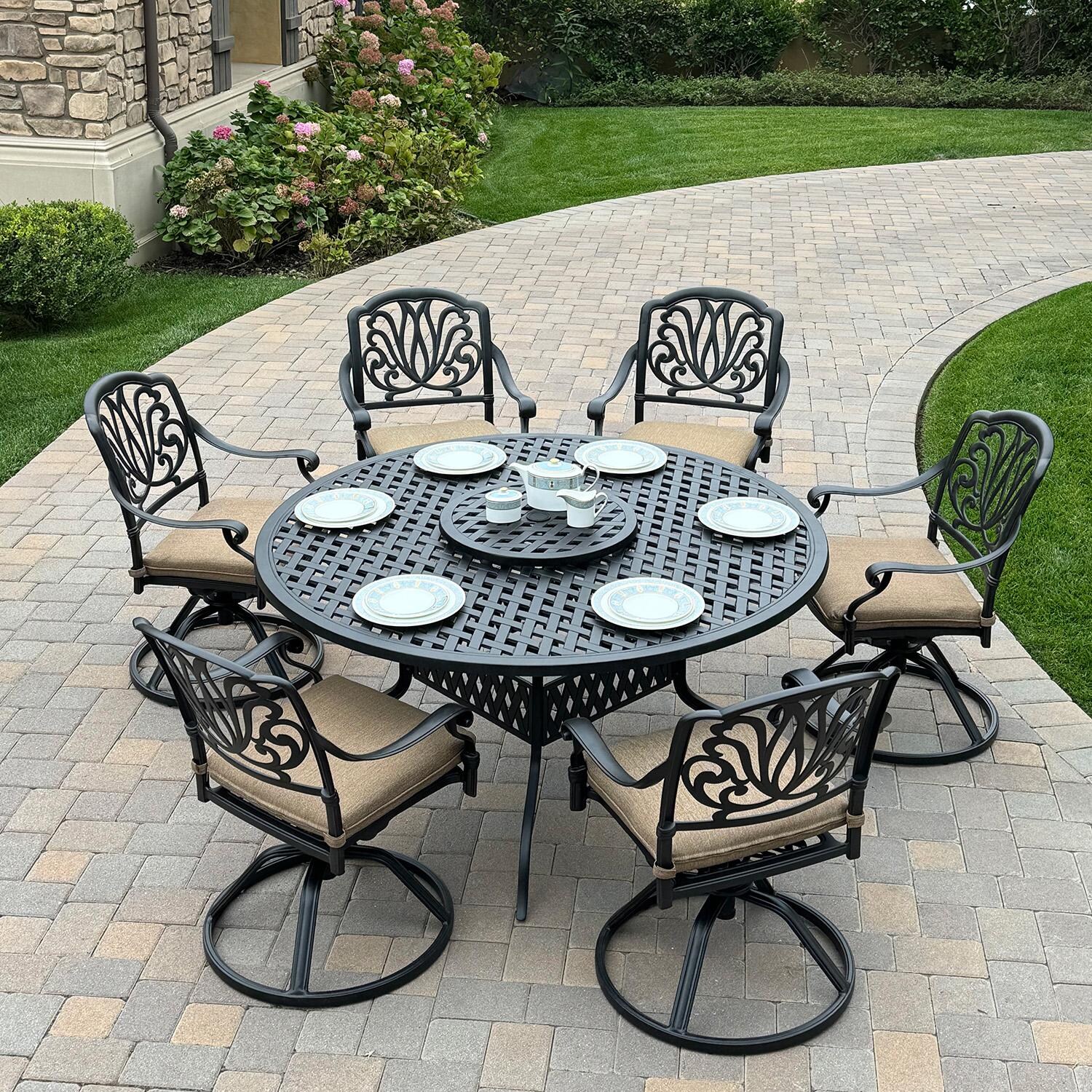 Elisabeth 8 Pc Cast Aluminum Dining Set w/ Series 30 Table & Lazy Susan in Antique Bronze by Darlee - Lifestyle thumbnail