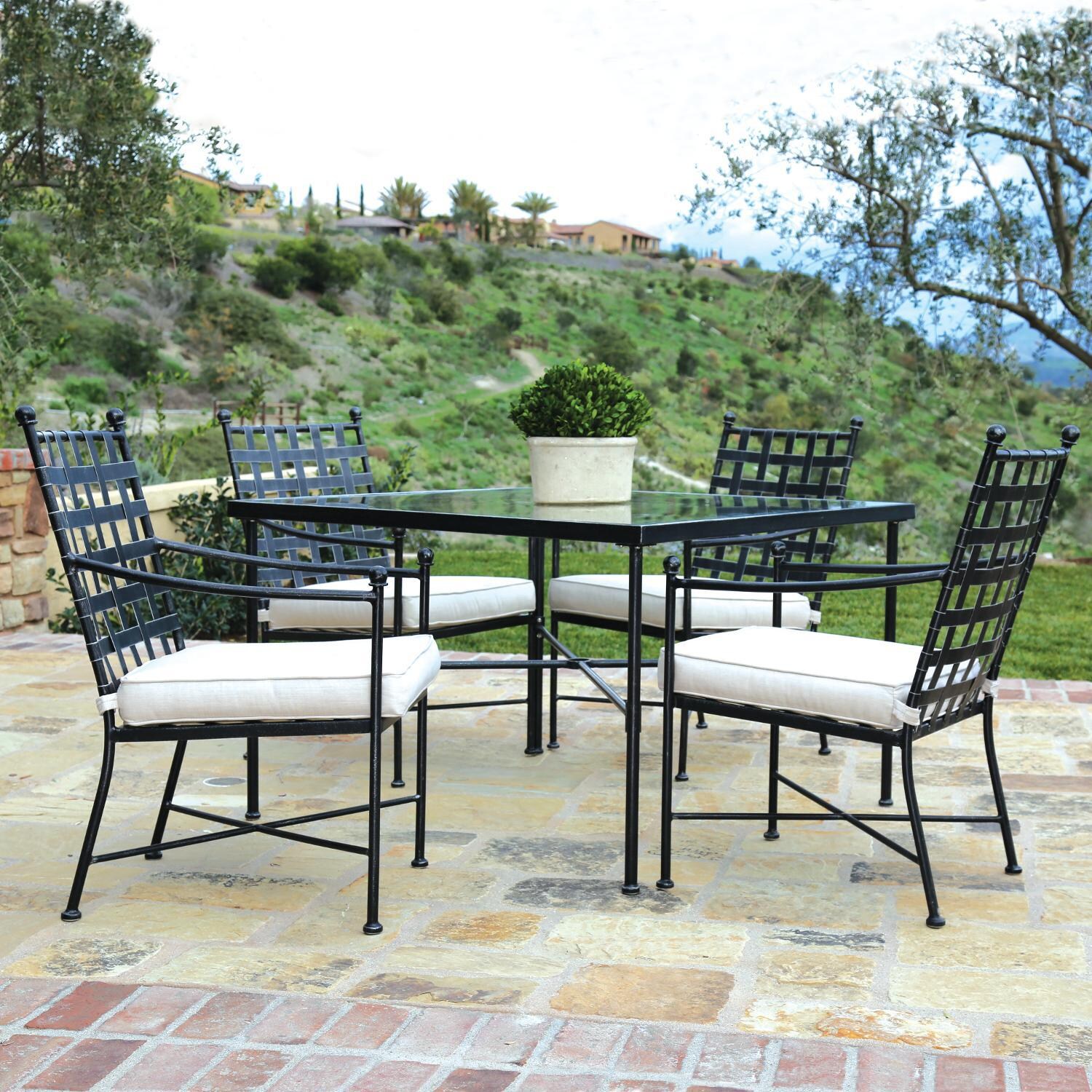 Sunset West Provence 5 Piece Wrought Iron Patio Dining Set W/ 44-Inch Square Table & Sunbrella Canvas Flax Cushions thumbnail