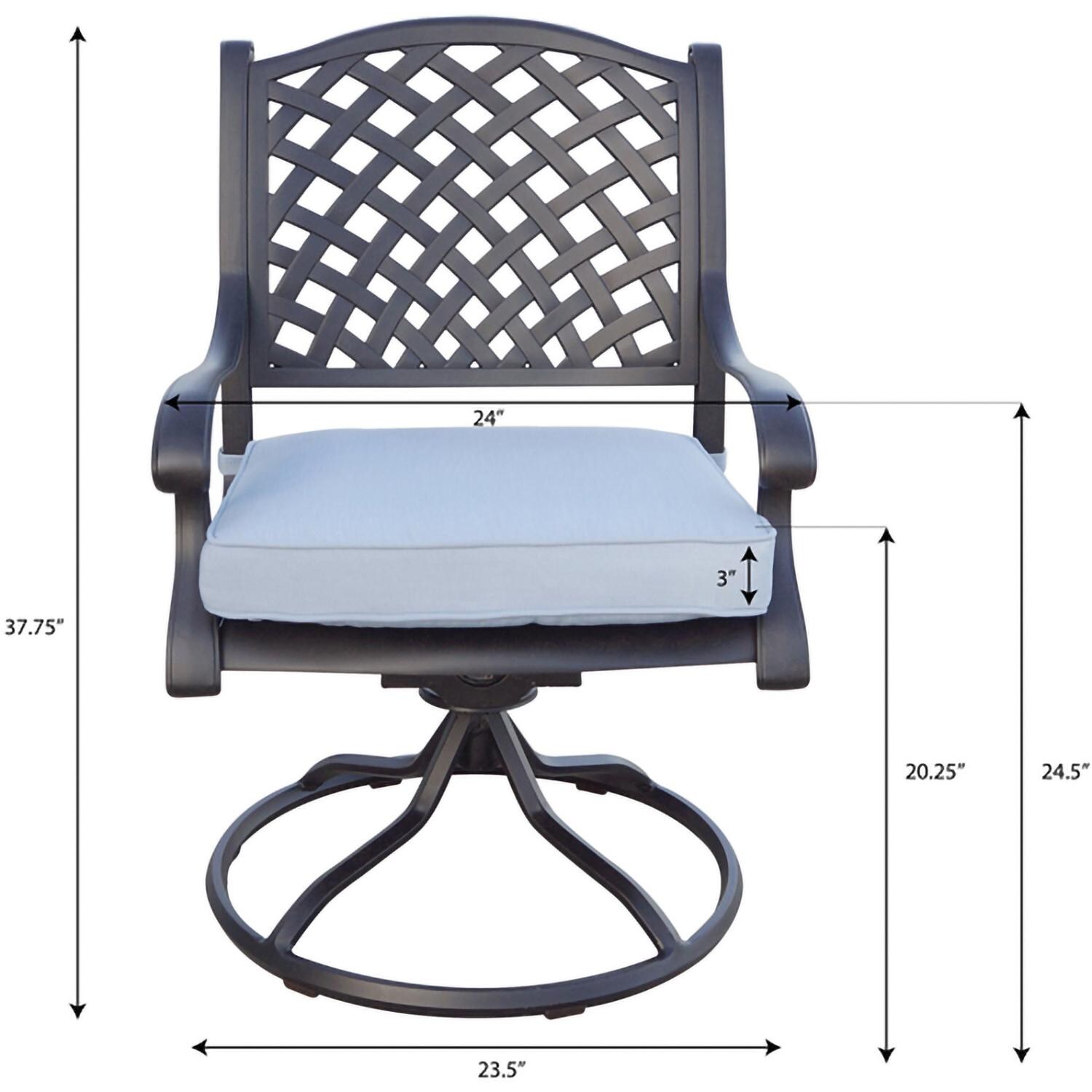 Darlee B/DL13-3PCR-30A-B Nassau 3 Pc Cast Aluminum Conversation Set w/ Rocker in Antique Bronze w/ Blue Cushions - Chair Dimensions - Dimensional thumbnail