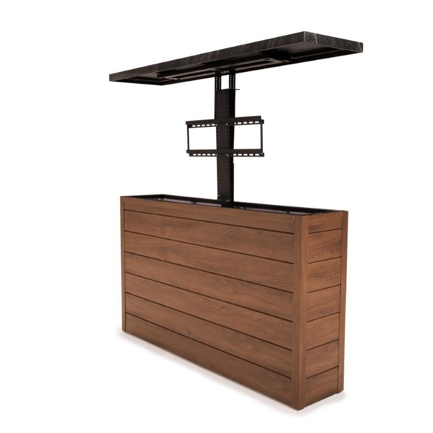 BBQGuys Signature 72 Inch 360 Degree Swivel Outdoor TV Lift Cabinet | Toffee w/ Black Granite - Raised Angled Right - White Background thumbnail