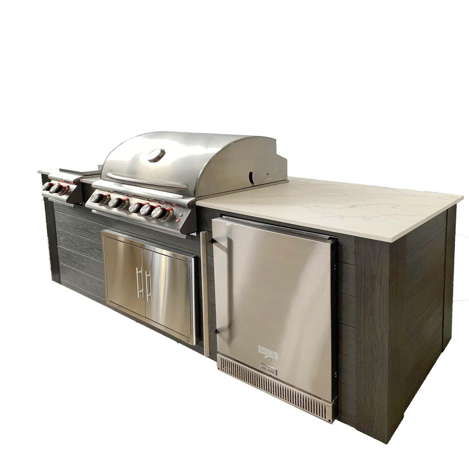 Pro-Fit 8-Foot Outdoor Kitchen Island W/ BLZ-4LTE2-LP Blaze Premium LTE 32-Inch Propane Gas Grill, Double Side Burner & Refrigerator - Onyx / Bianco Giulia A Satin - Right - White Background thumbnail