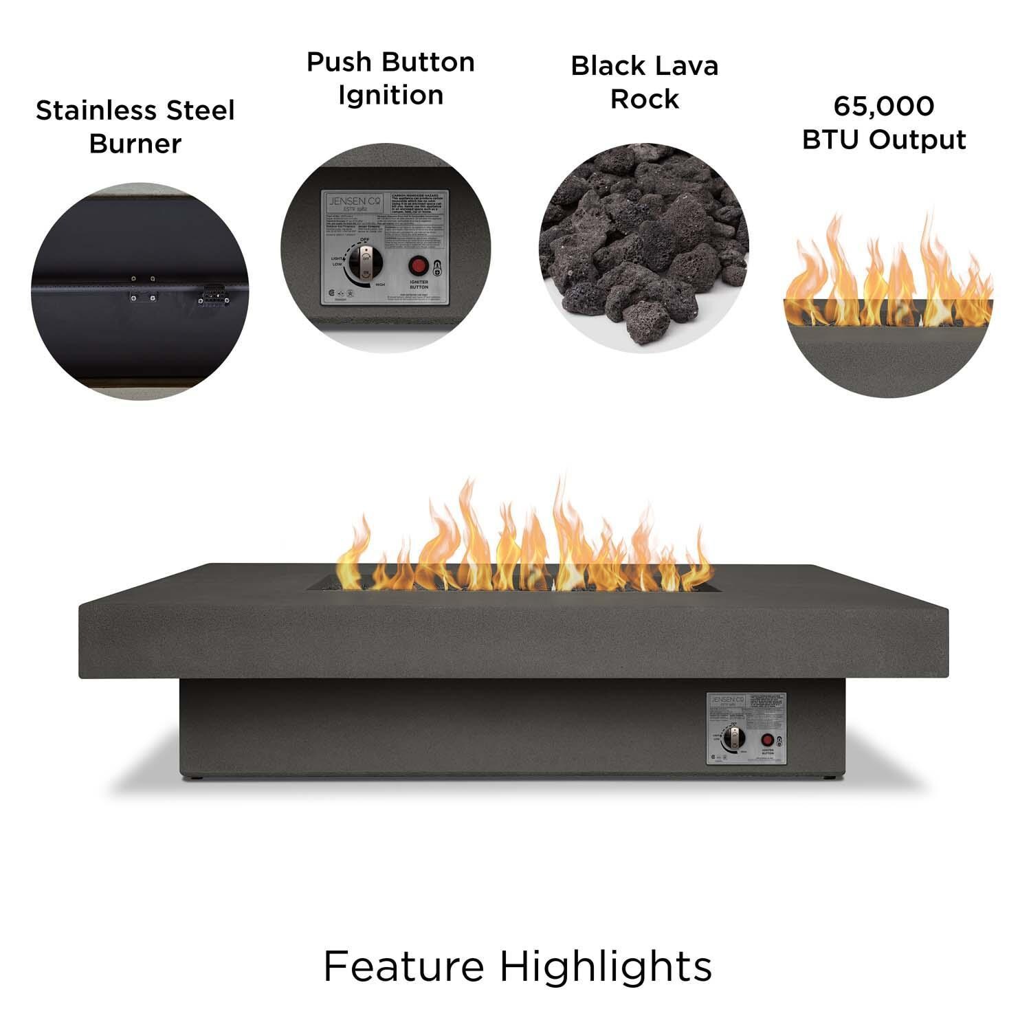 Hickory Bay 60 Inch Rectangular Glass Fiber Reinforced Concrete Propane Fire Pit Table in Carbon by BBQGuys Signature - Features thumbnail