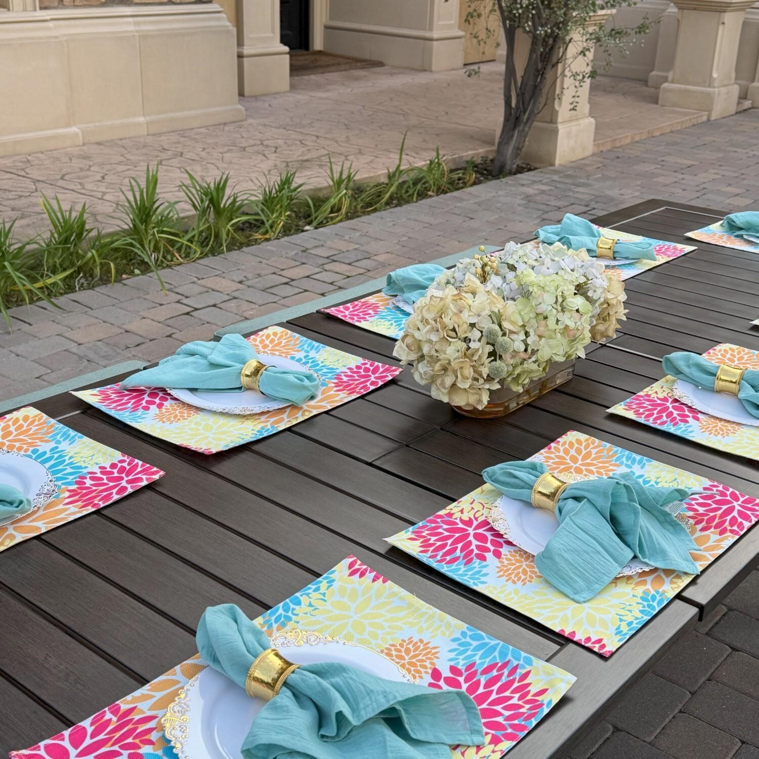 Atlantis 5 Pc Aluminum Dining Set w/ 4 Two Person Benches & Extension Table in Walnut/Spa by Darlee - Table Close Up - Lifestyle thumbnail