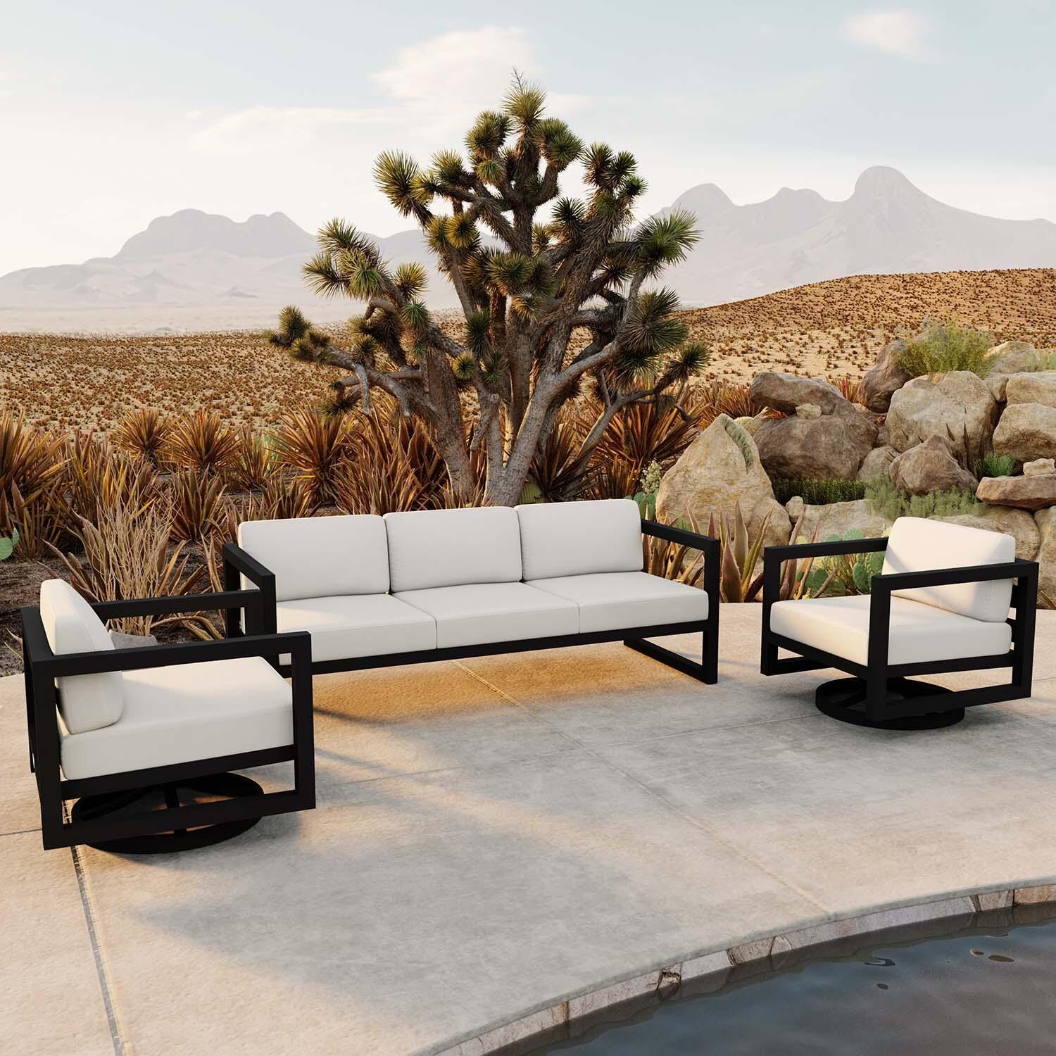 Misty Cove 3 Pc Aluminum Sofa Seating Set w/ Swivel Chairs in Black/Canvas Natural by Lakeview Outdoor Designs - Angled - Lifestyle thumbnail