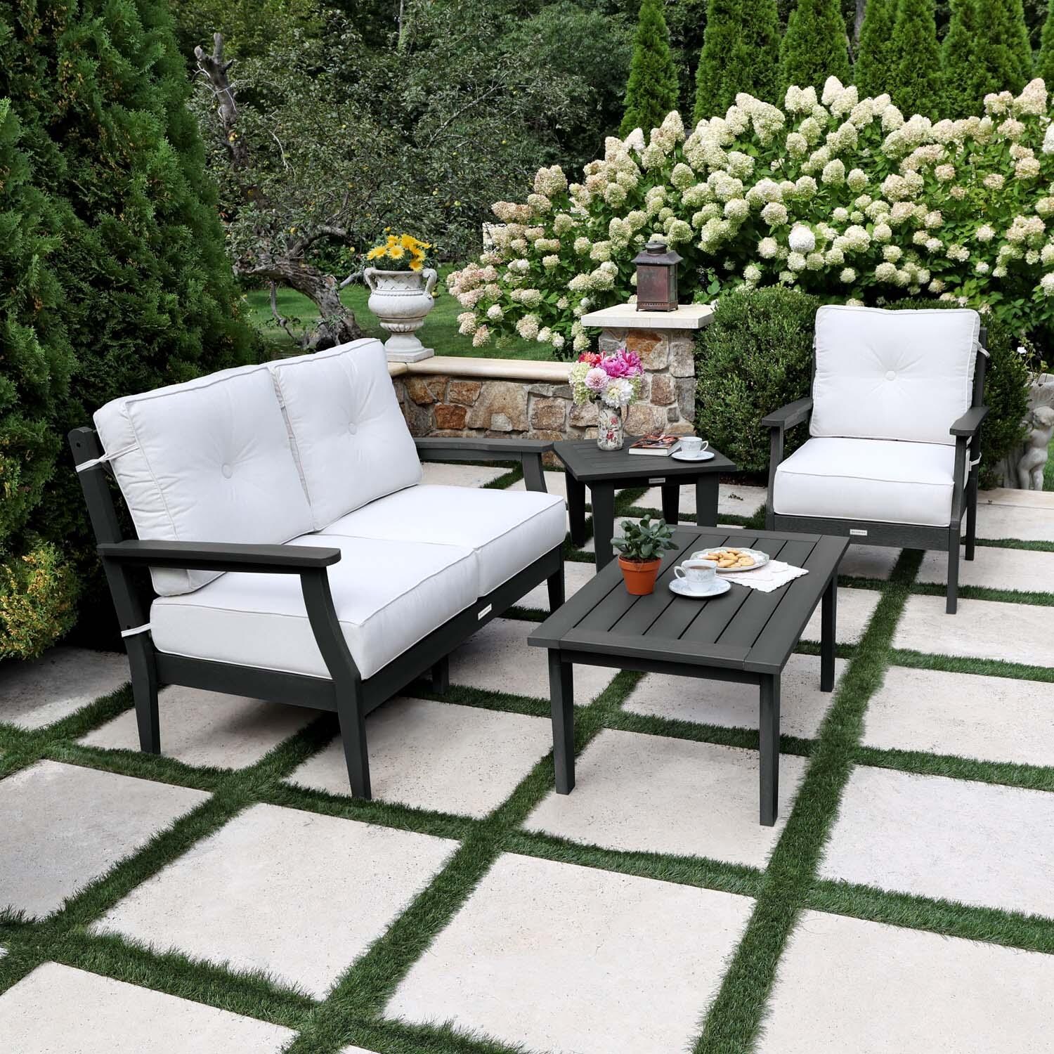 Blushing Bay 4 Pc Recycled Plastic Seating Set in Bliss Linen/Black by Lakeview Outdoor Designs - Side View - Lifestyle thumbnail