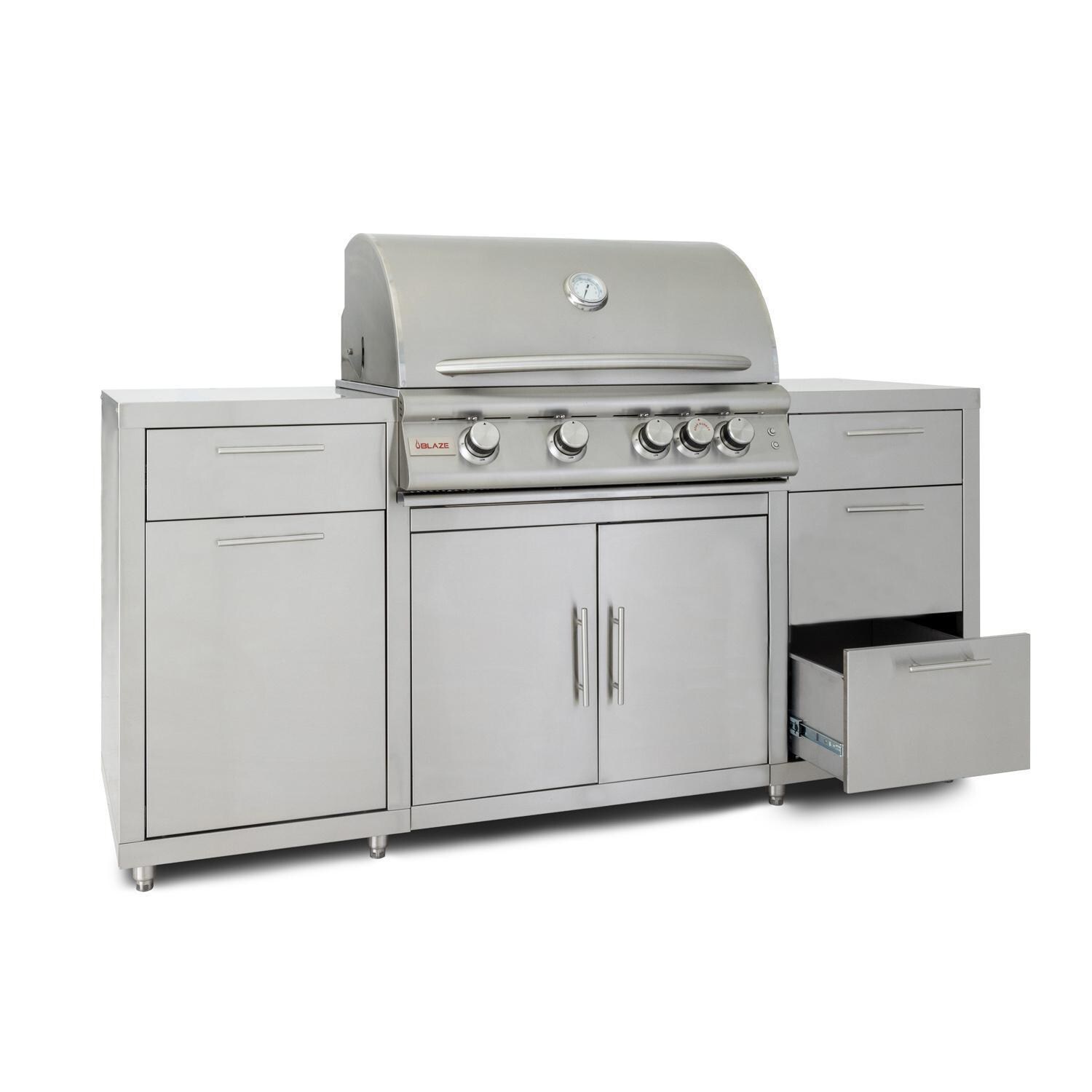 Blaze BLZ-SS-ISLAND-4LTE2-LP 6-Foot Stainless Steel Island w/ Premium LTE 32-Inch Propane Grill - Angled Right Bottom Storage Drawer Open - White Background thumbnail