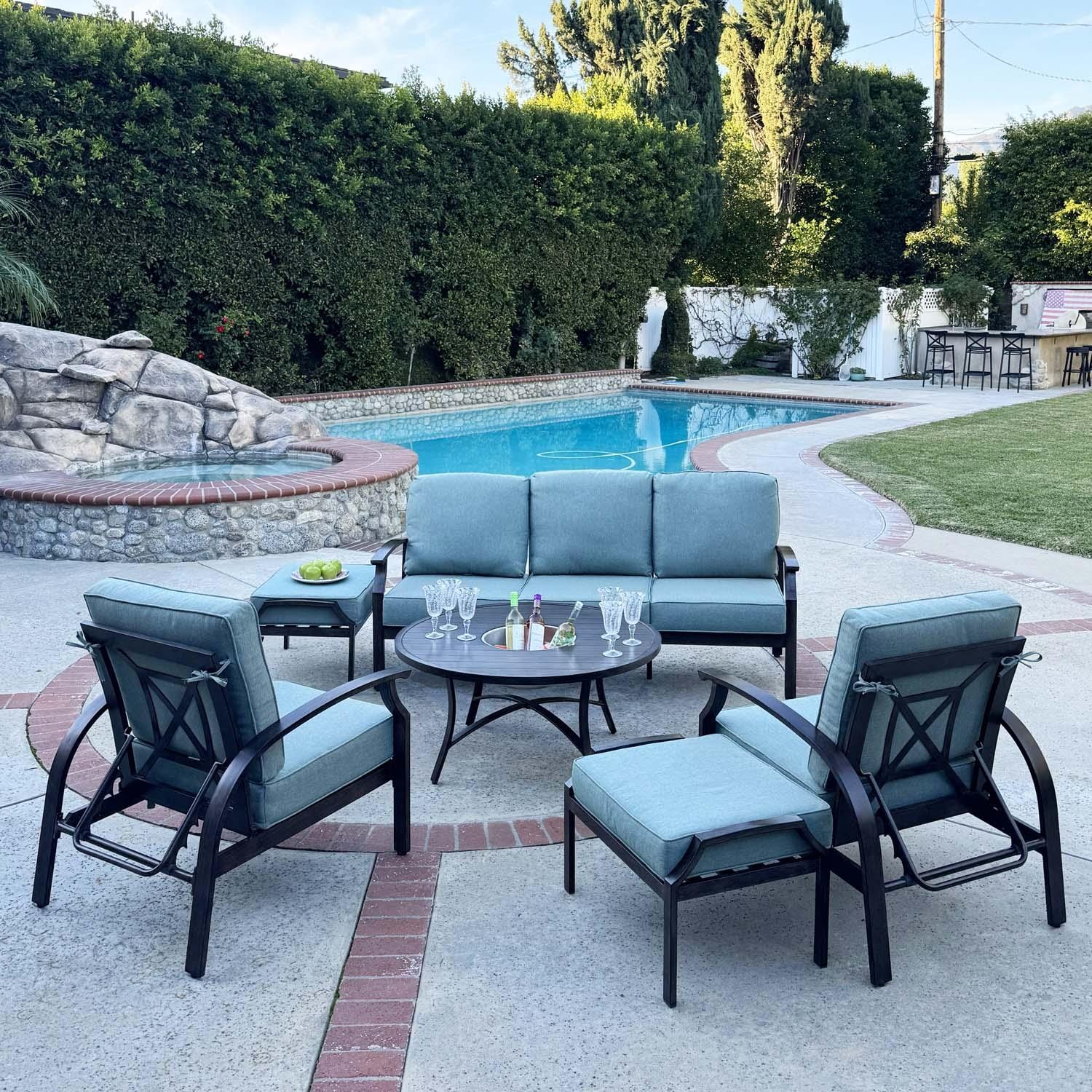 Atlantis 6 Pc Aluminum Seating Set w/ Round Ice Bucket Chat Table in Walnut/Spa by Darlee - Lifestyle thumbnail