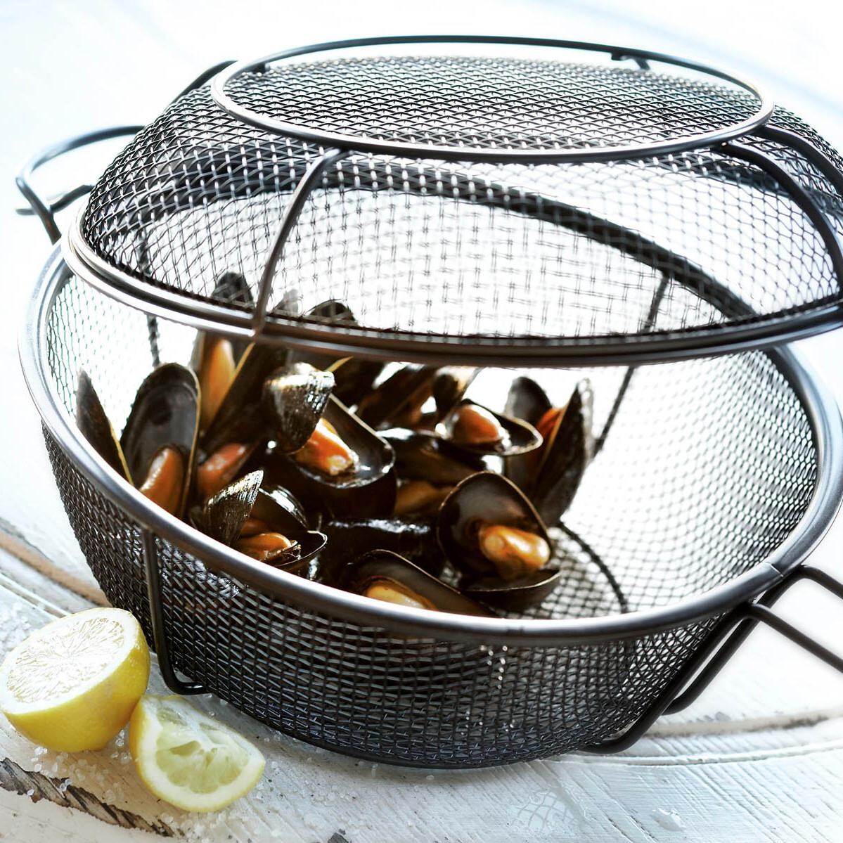 Outset 11-Inch Diameter Non-Stick 3-In-1 Grill Basket And Skillet - Close-Up With Clams thumbnail