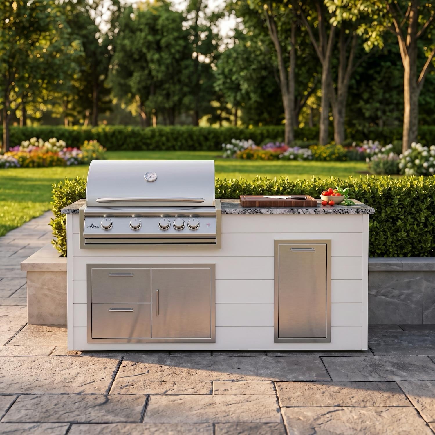 BBQGuys Signature 6 Ft Grill Island w/ 32 Inch Propane Blaze Premium LTE+ Grill, Narrow Trash Bin & Door & Drawer | Sun Bleached Oak w/ White Granite - Front - Lifestyle thumbnail