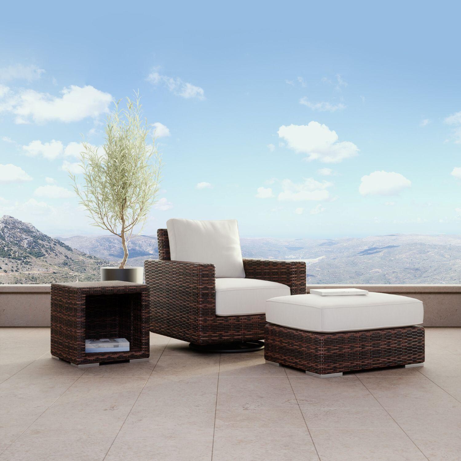 Montecito Wicker Patio Swivel Rocker Club Chair W/ Sunbrella Canvas Flax Cushions By Sunset West - W/ Ottoman & Side Table - Lifestyle thumbnail