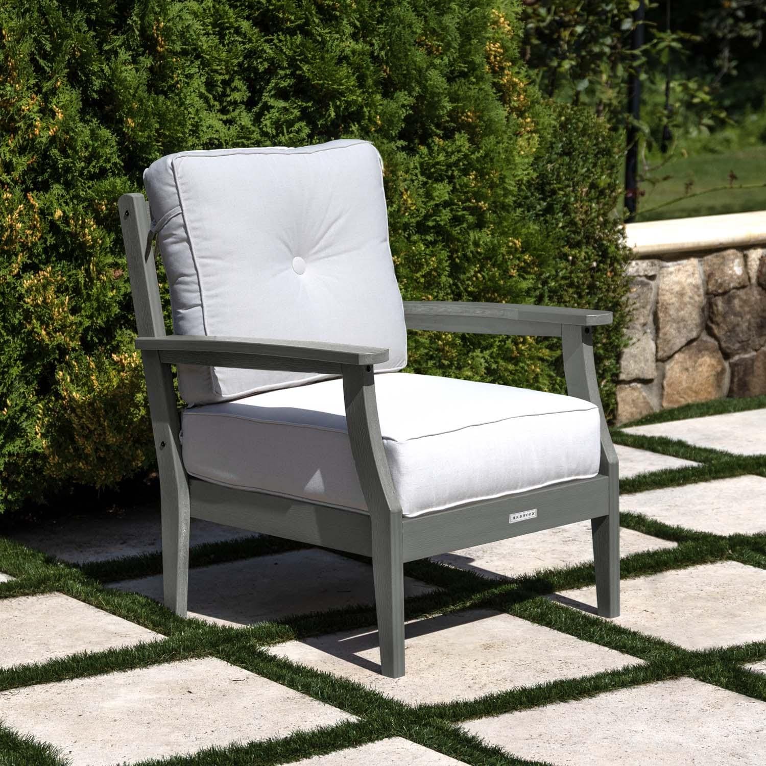 Blushing Bay Recycled Plastic Club Chair in Bliss Linen/Coastal Teak by Lakeview Outdoor Designs - On Patio - Lifestyle thumbnail