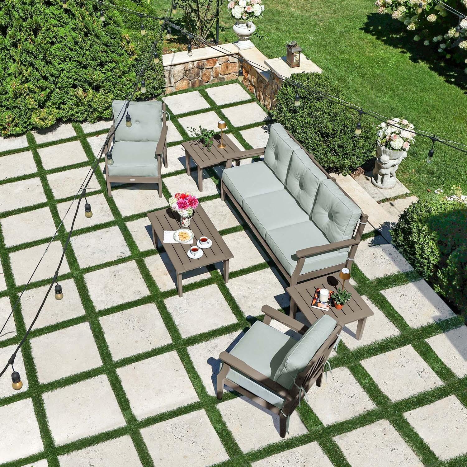 Blushing Bay 6 Pc Recycled Plastic Seating Set w/ Sofa in Canvas Seasalt/Woodland Brown by Lakeview Outdoor Designs - Top View - Lifestyle thumbnail