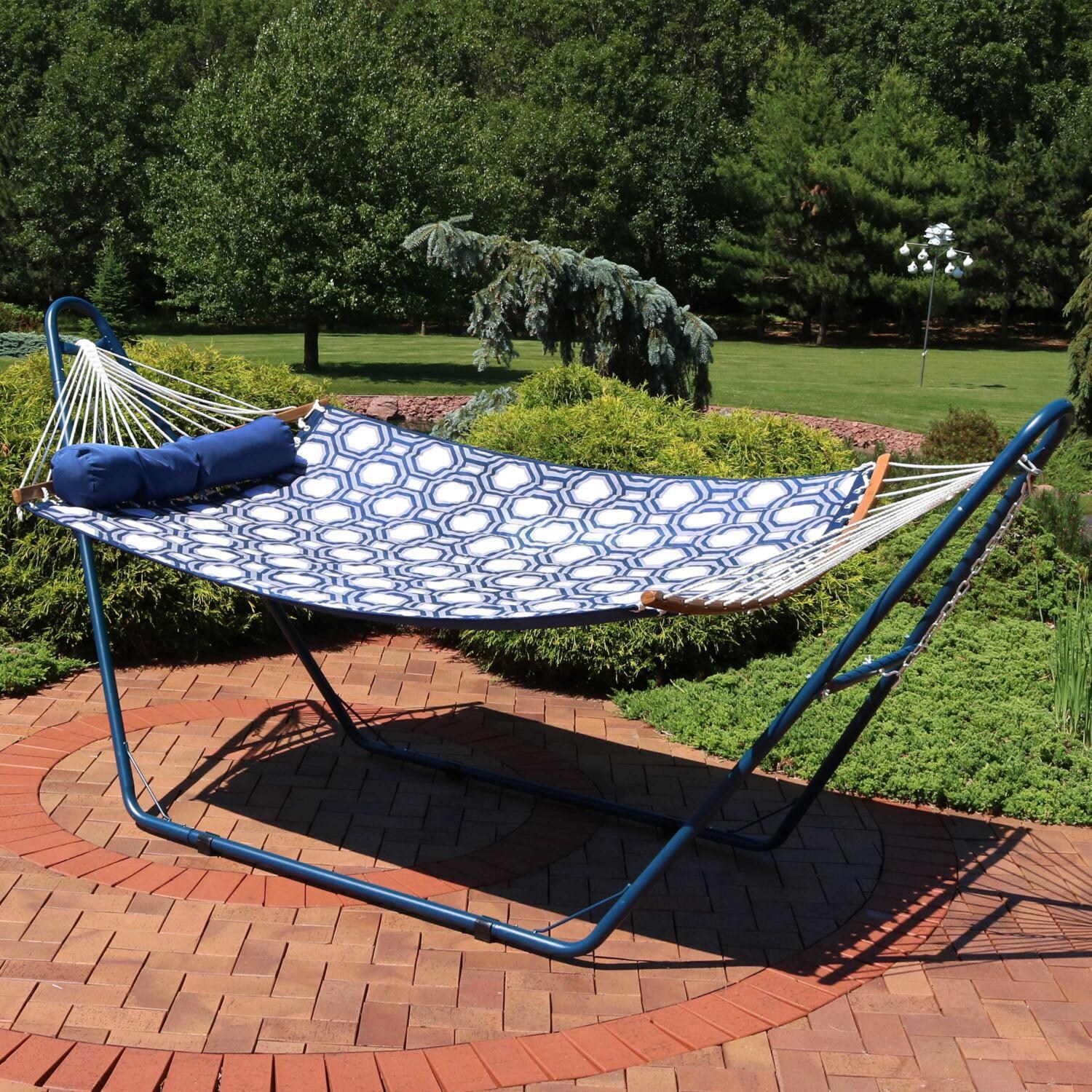 Ultimate Patio Quilted Double Hammock w/ Universal Multi-Use Stand & Pillow - Navy & Gray Octagon - Lifestyle thumbnail