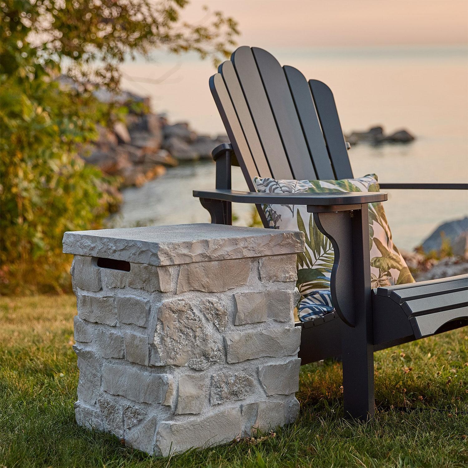Heritage 20 Inch Square Stone Propane Tank Cover & Side Table in Beige by Lakeview Outdoor Designs - Lakeside View - Lifestyle thumbnail