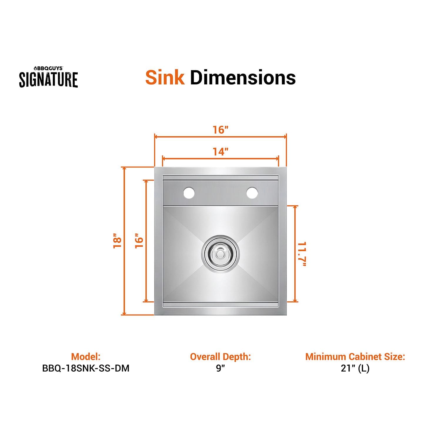 BBQGuys Signature BBQ-18SNK-SS-DM 16 X 18-in Drop-In Stainless Steel Outdoor Sink - Dimensional thumbnail