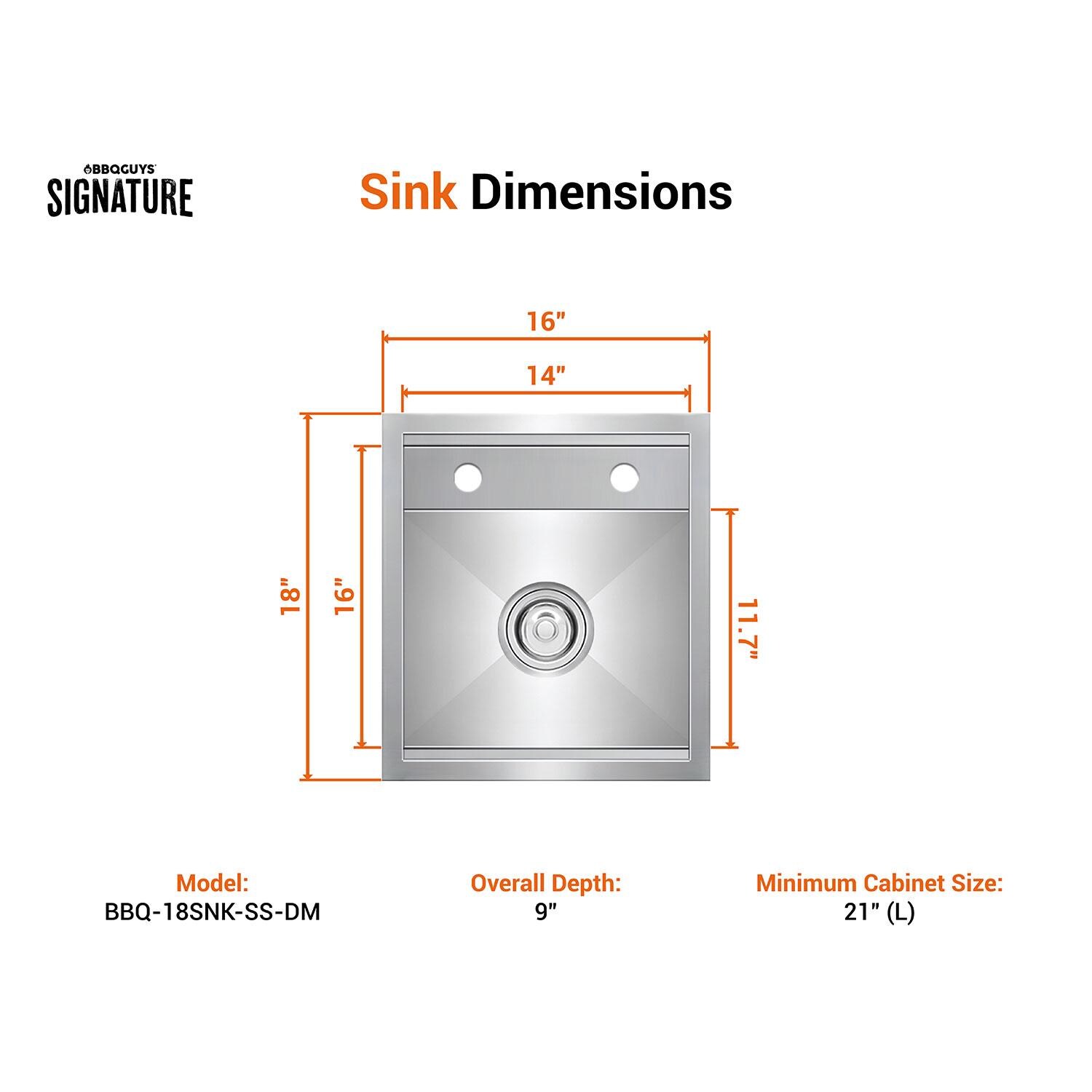 BBQGuys Signature BBQ-18SNK-SS-DM 16 X 18-in Drop-In Stainless Steel Outdoor Sink - Dimensional thumbnail