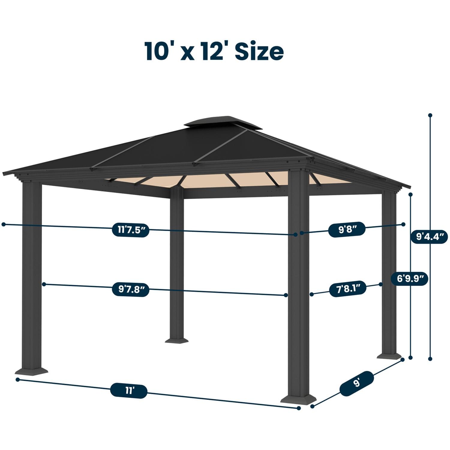 Paragon Outdoor GZ3-1012 Santa Monica 10' x 12' Aluminum Hard Top Gazebo - Dimensions - Dimensional thumbnail